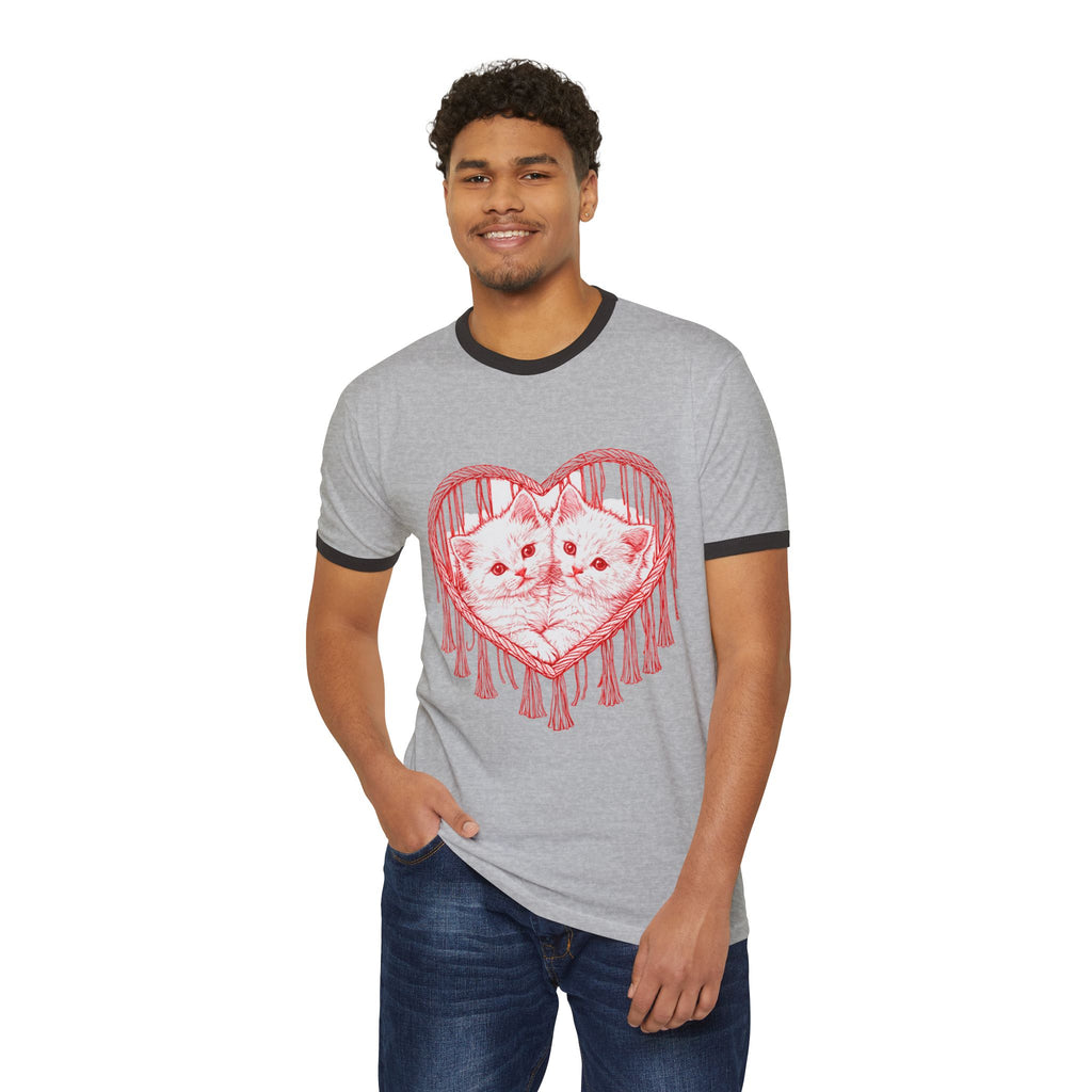 Cat Heart Ringer Tee — “My 1st Love” Retro Kitty Valentine T‑Shirt