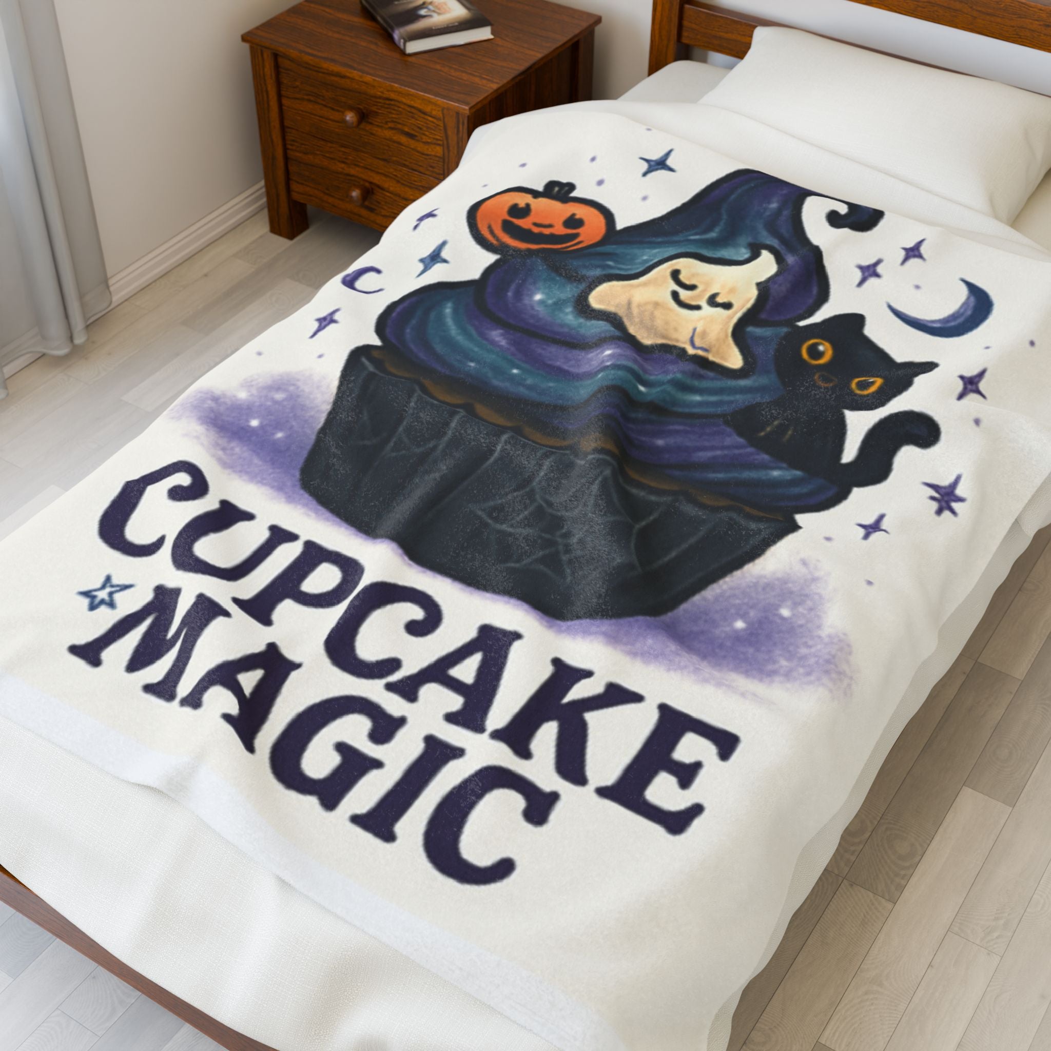 Cupcake Magic Velveteen Plush Blanket, Cozy Throw Blanket for Fall, Halloween Home Décor, Fun Gift for Kids, Soft Snuggle Blanket