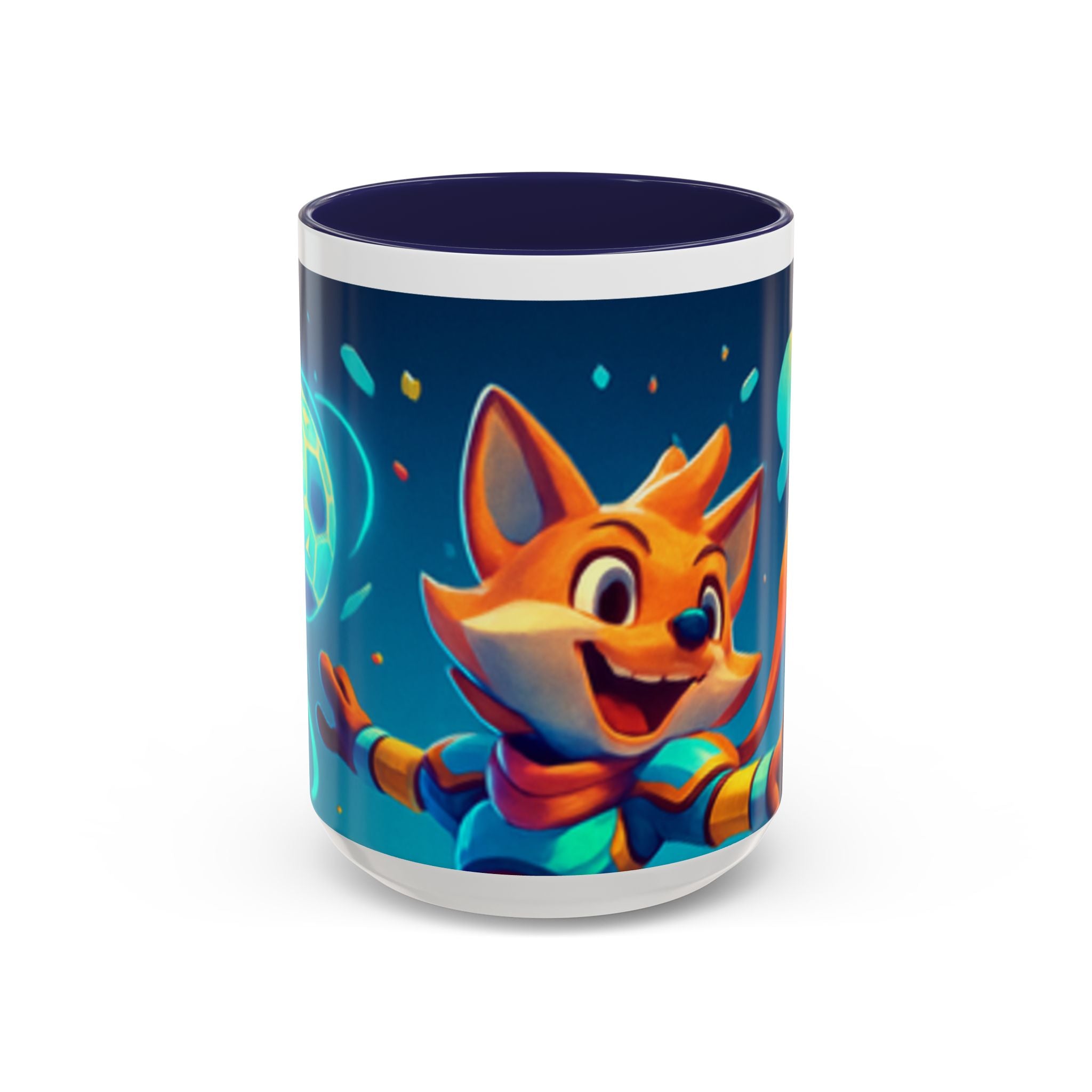 Happy Fox Space Adventure Accent Coffee Mug | Cute Fox Character, Colorful Cosmic Design