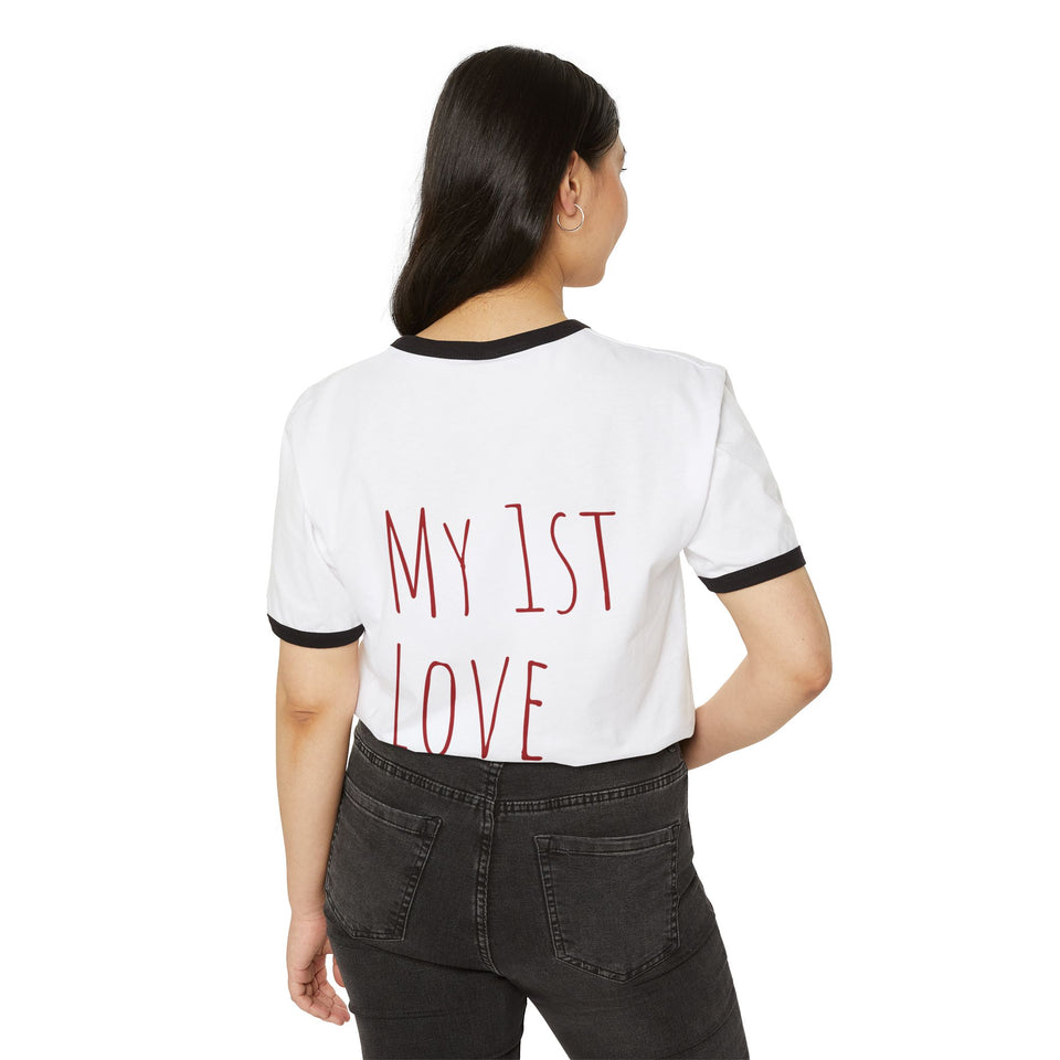 Cat Heart Ringer Tee — “My 1st Love” Retro Kitty Valentine T‑Shirt