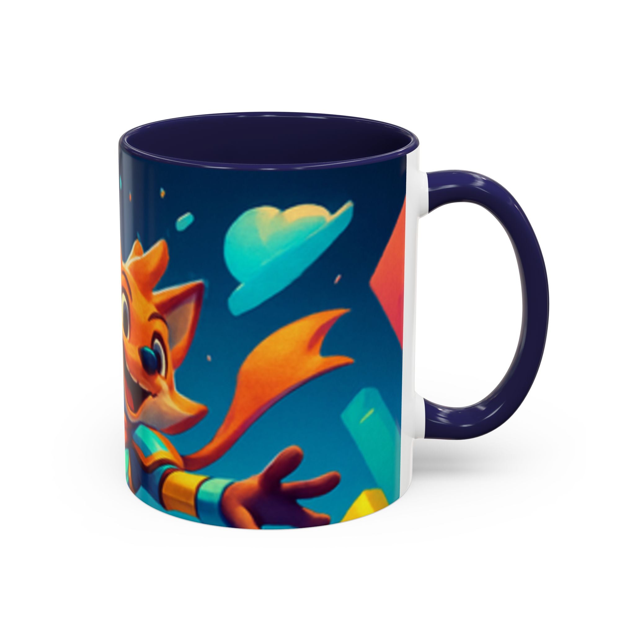 Happy Fox Space Adventure Accent Coffee Mug | Cute Fox Character, Colorful Cosmic Design