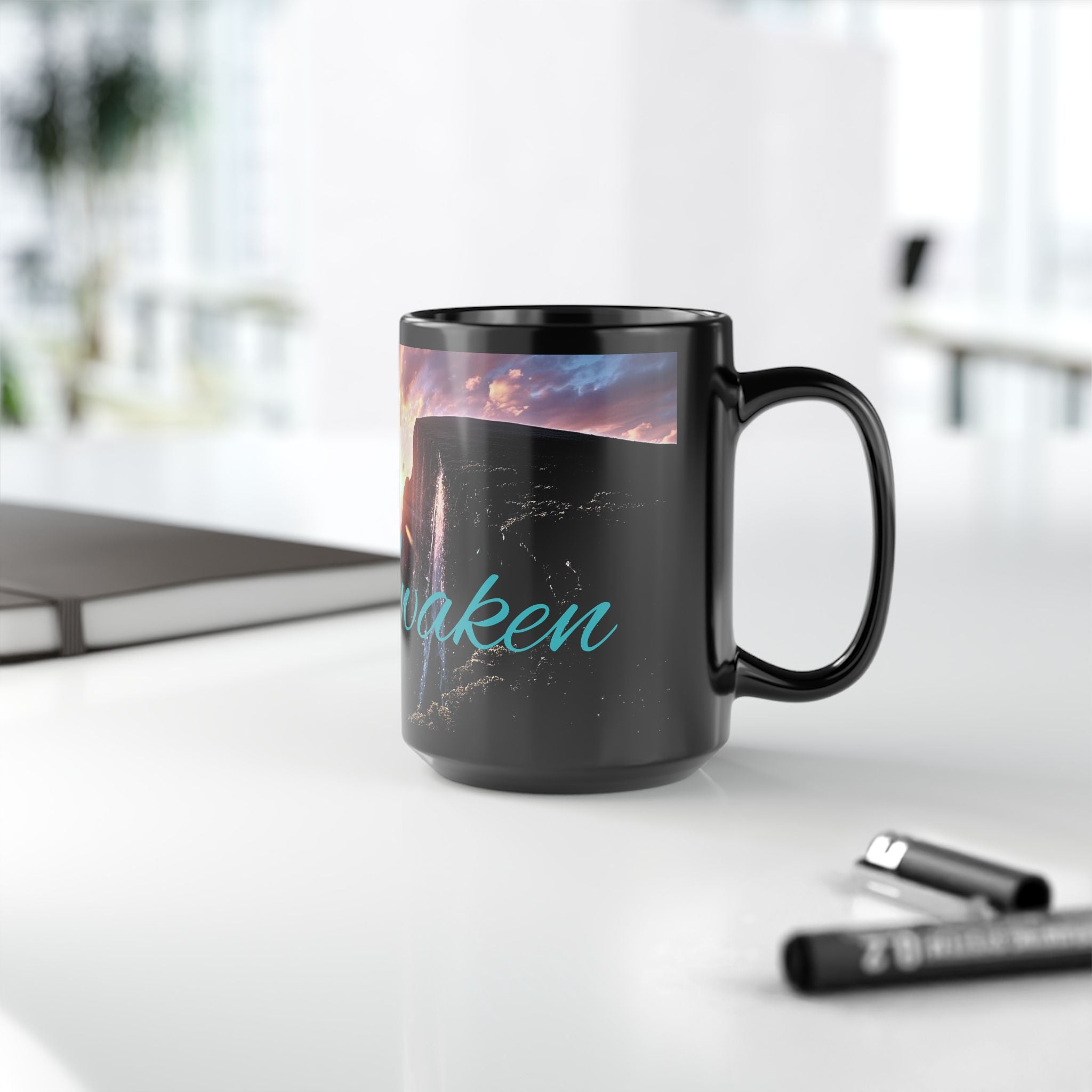 Awaken Mountain Sunrise Mug — Inspirational Black Coffee Cup (11oz, 15oz)