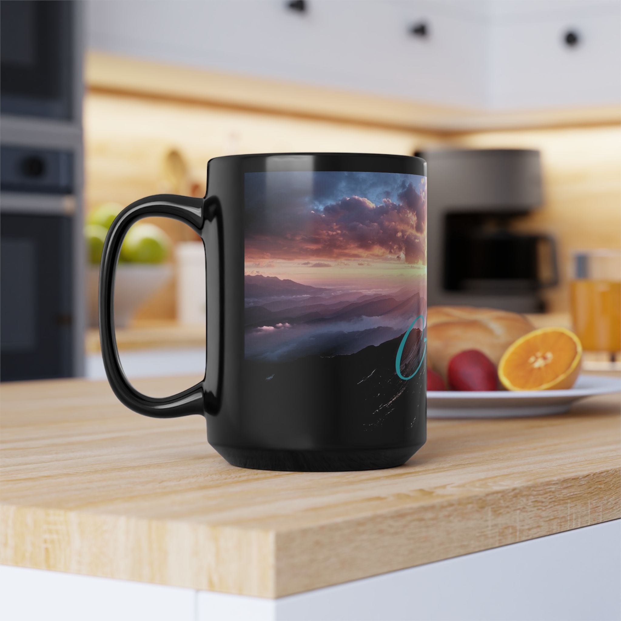 Awaken Mountain Sunrise Mug — Inspirational Black Coffee Cup (11oz, 15oz)