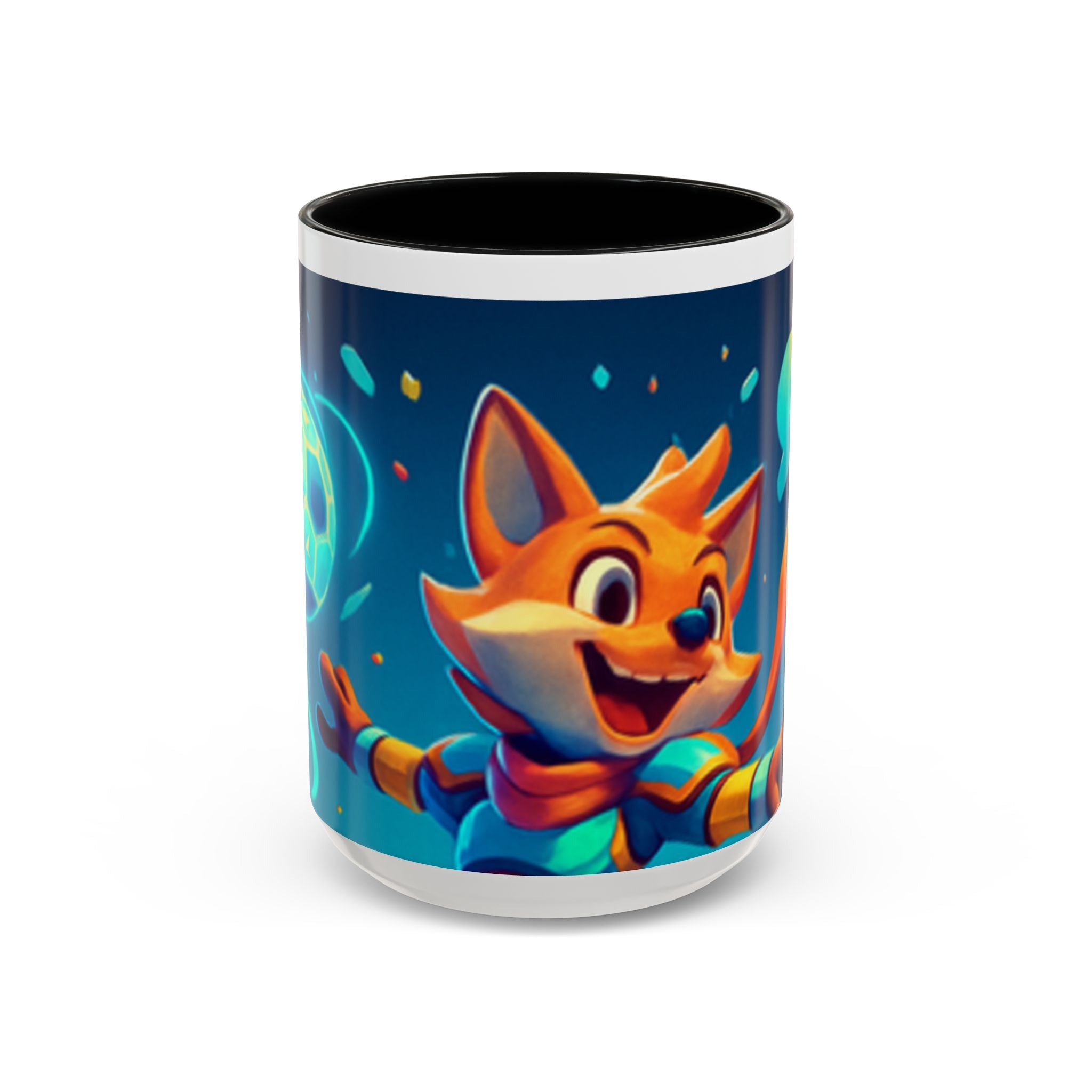 Happy Fox Space Adventure Accent Coffee Mug | Cute Fox Character, Colorful Cosmic Design