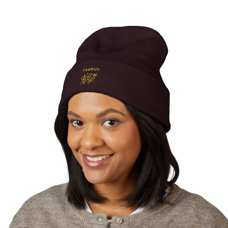 Taurus Beanie – Embroidered Floral Zodiac Winter Hat