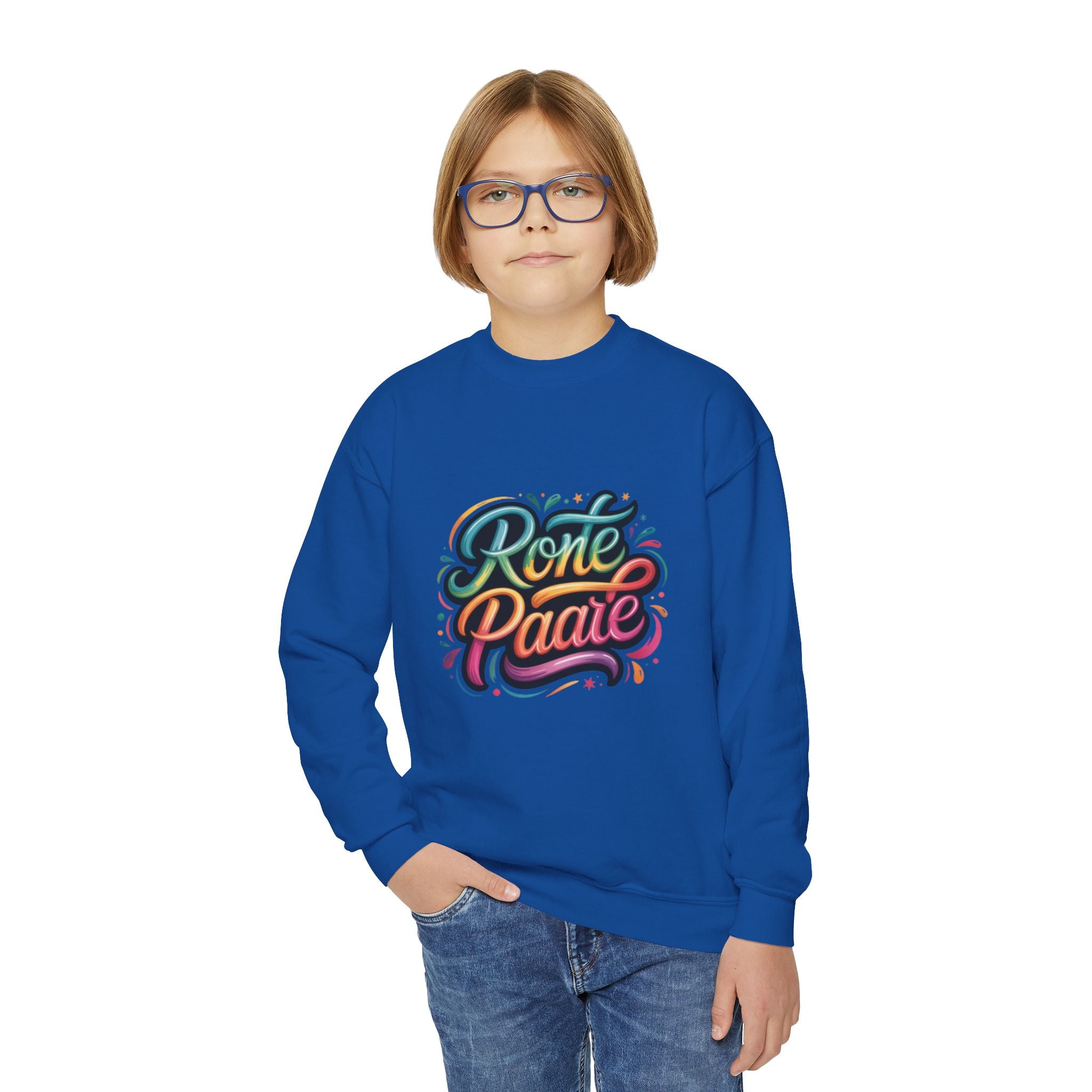 Retro Script Rone Paate Youth Crewneck Sweatshirt | Colorful Handlettering
