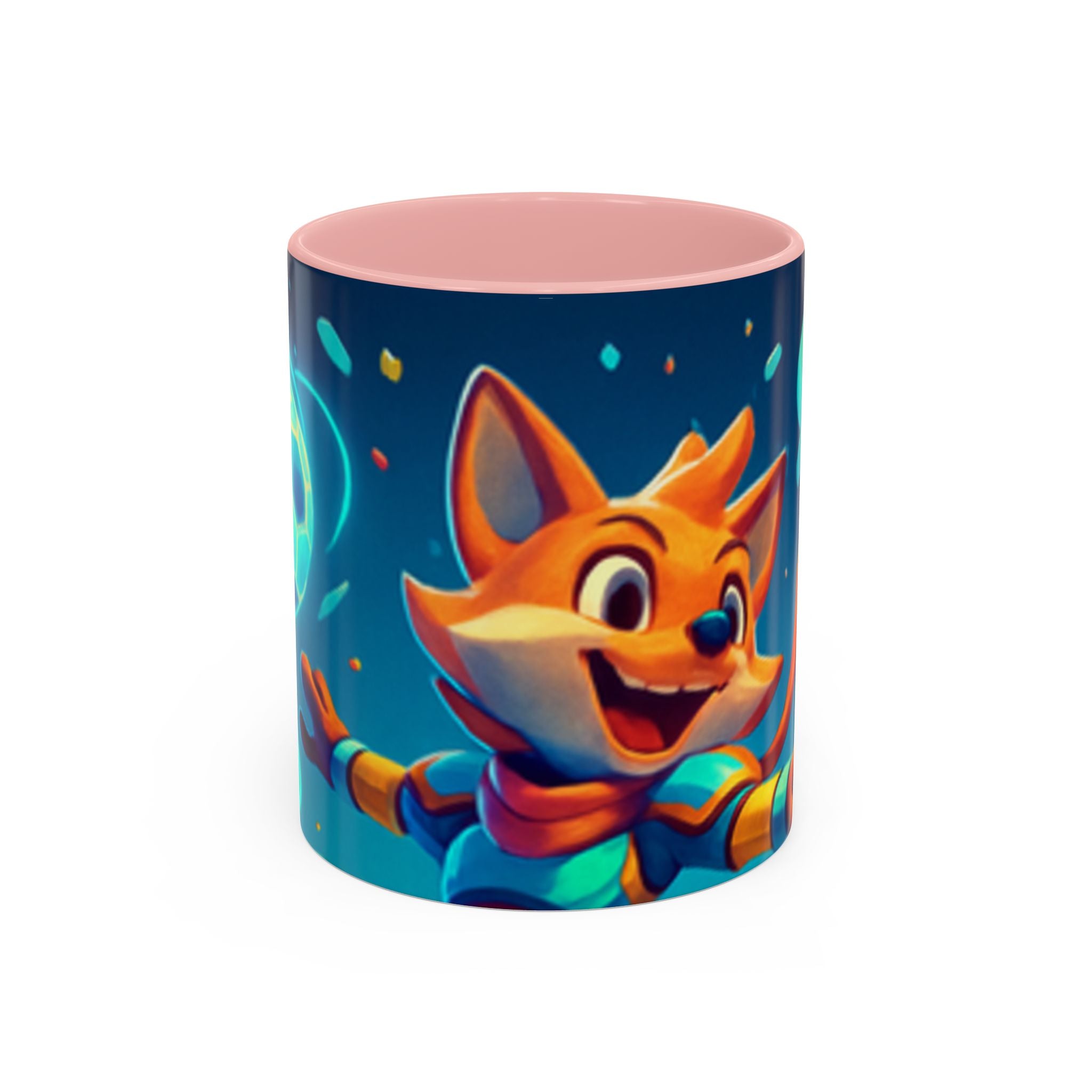 Happy Fox Space Adventure Accent Coffee Mug | Cute Fox Character, Colorful Cosmic Design