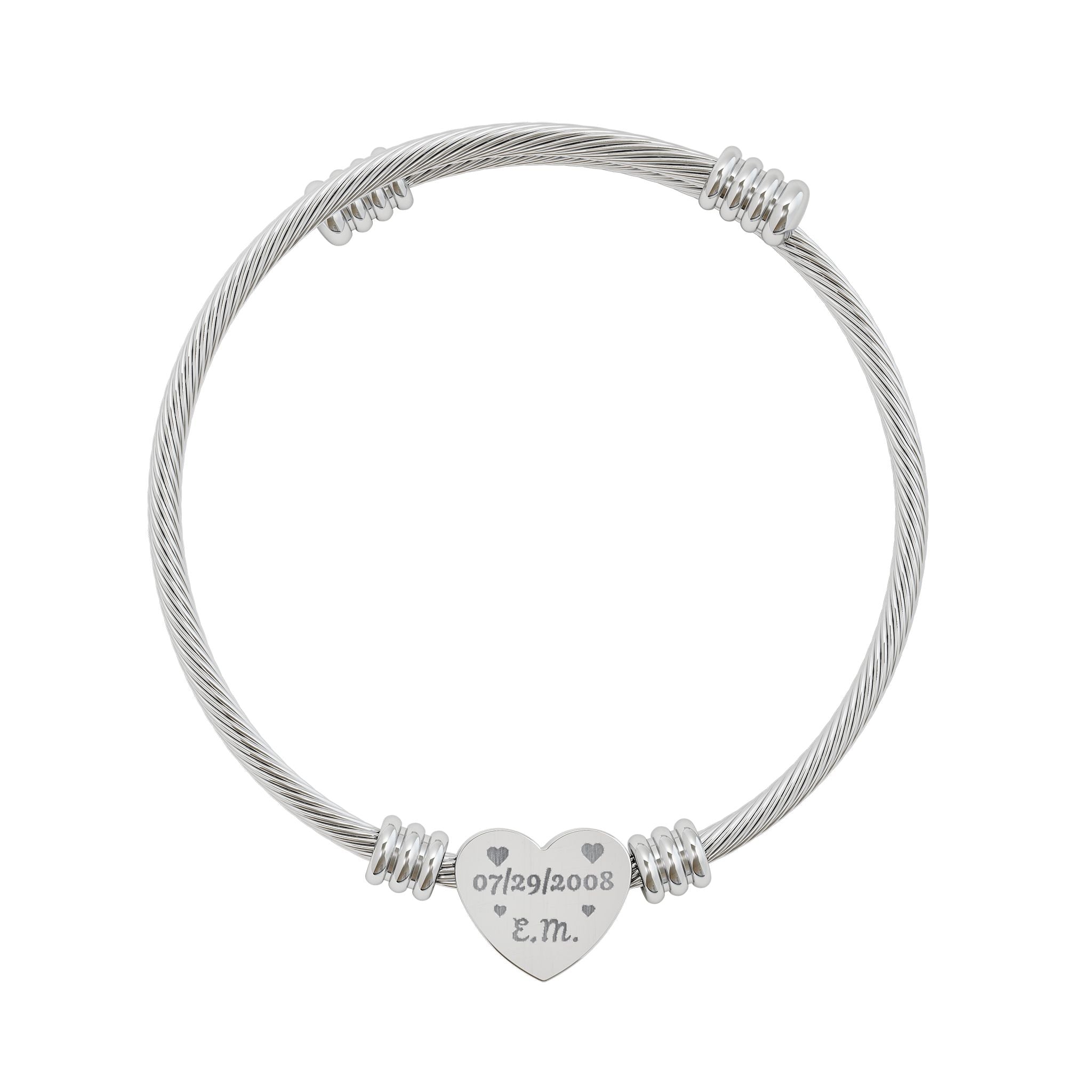 Engravable Heart Cuff Bracelet — Personalized Name/Date Stainless Steel Bangle (Silver or Gold)