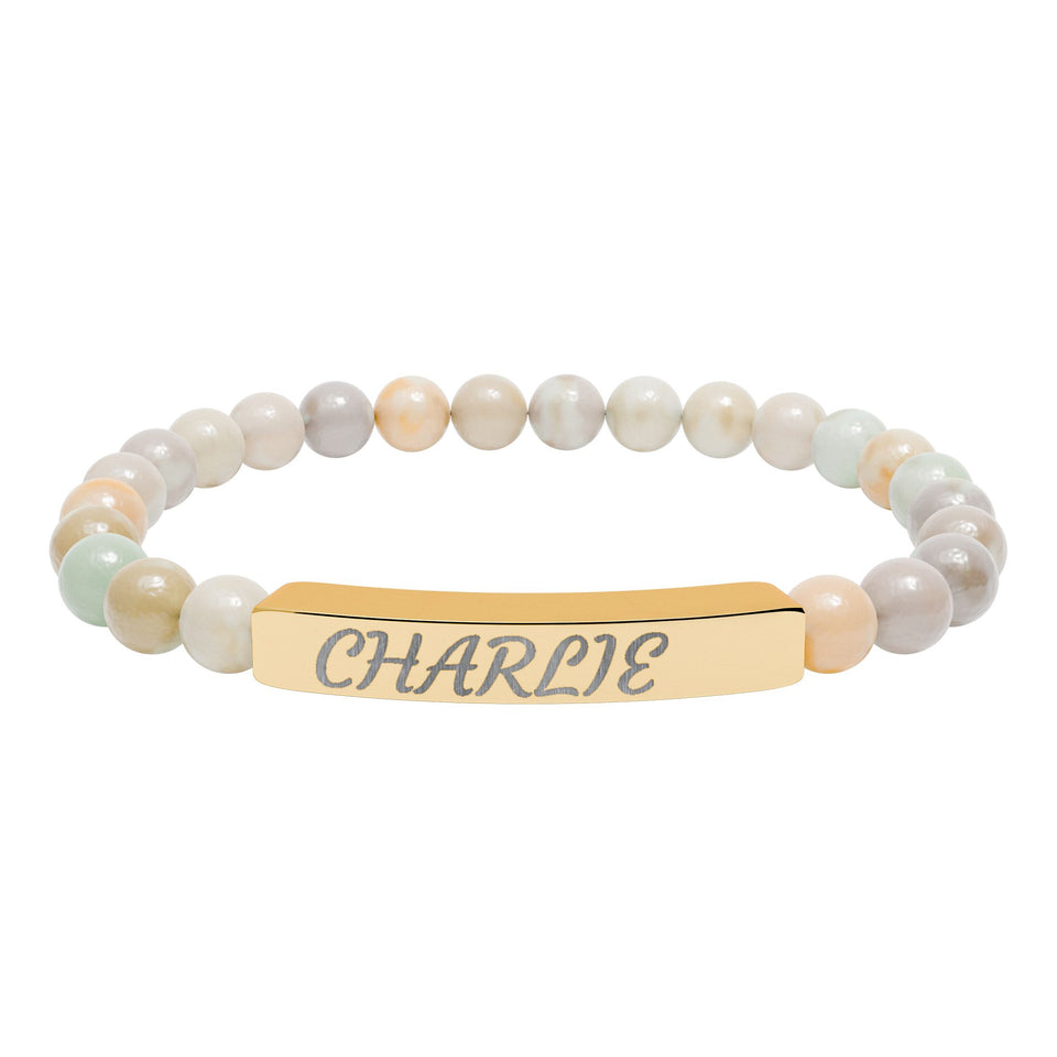 Engraved Natural Stone Stretch Bracelet — Personalized Name Bar