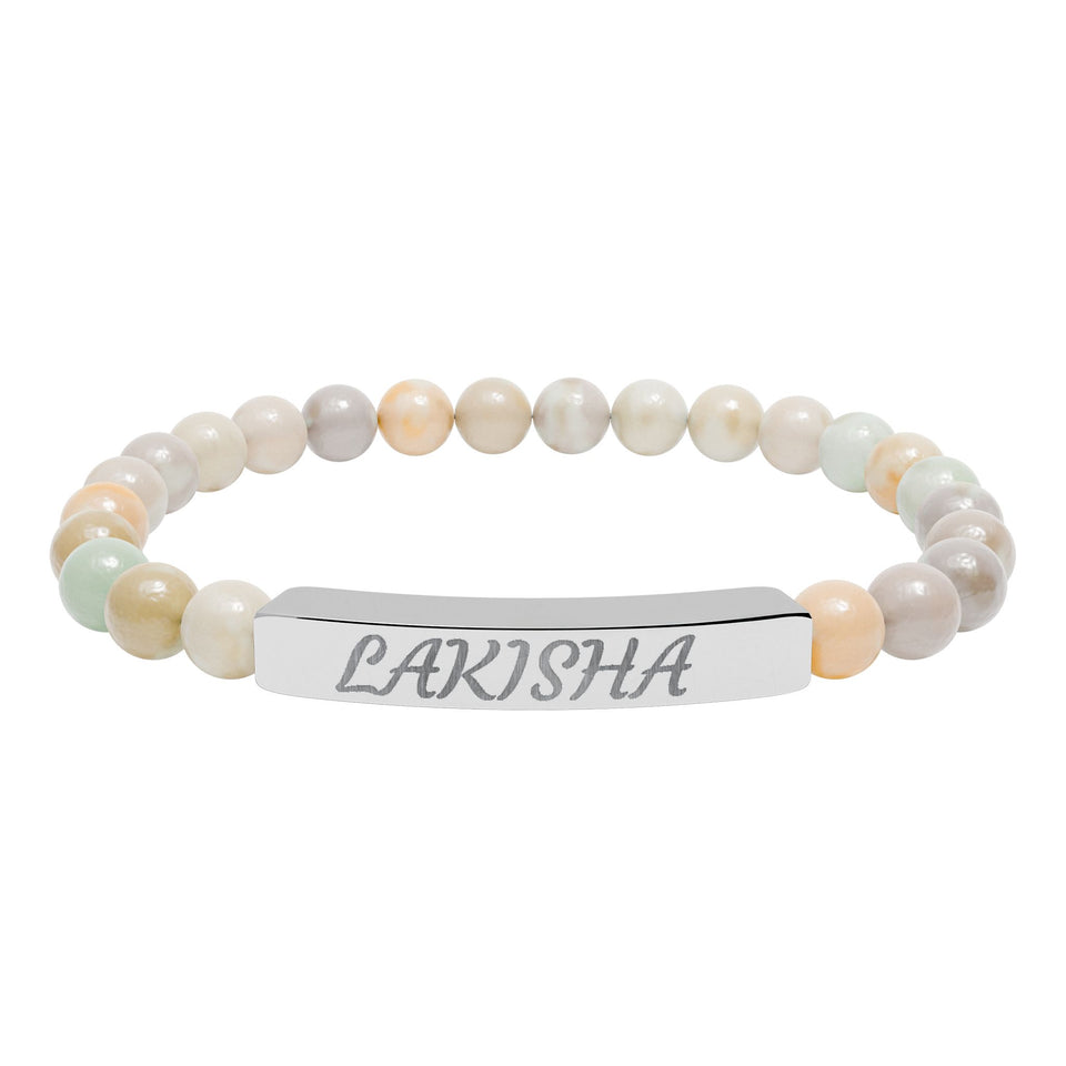 Engraved Natural Stone Stretch Bracelet — Personalized Name Bar