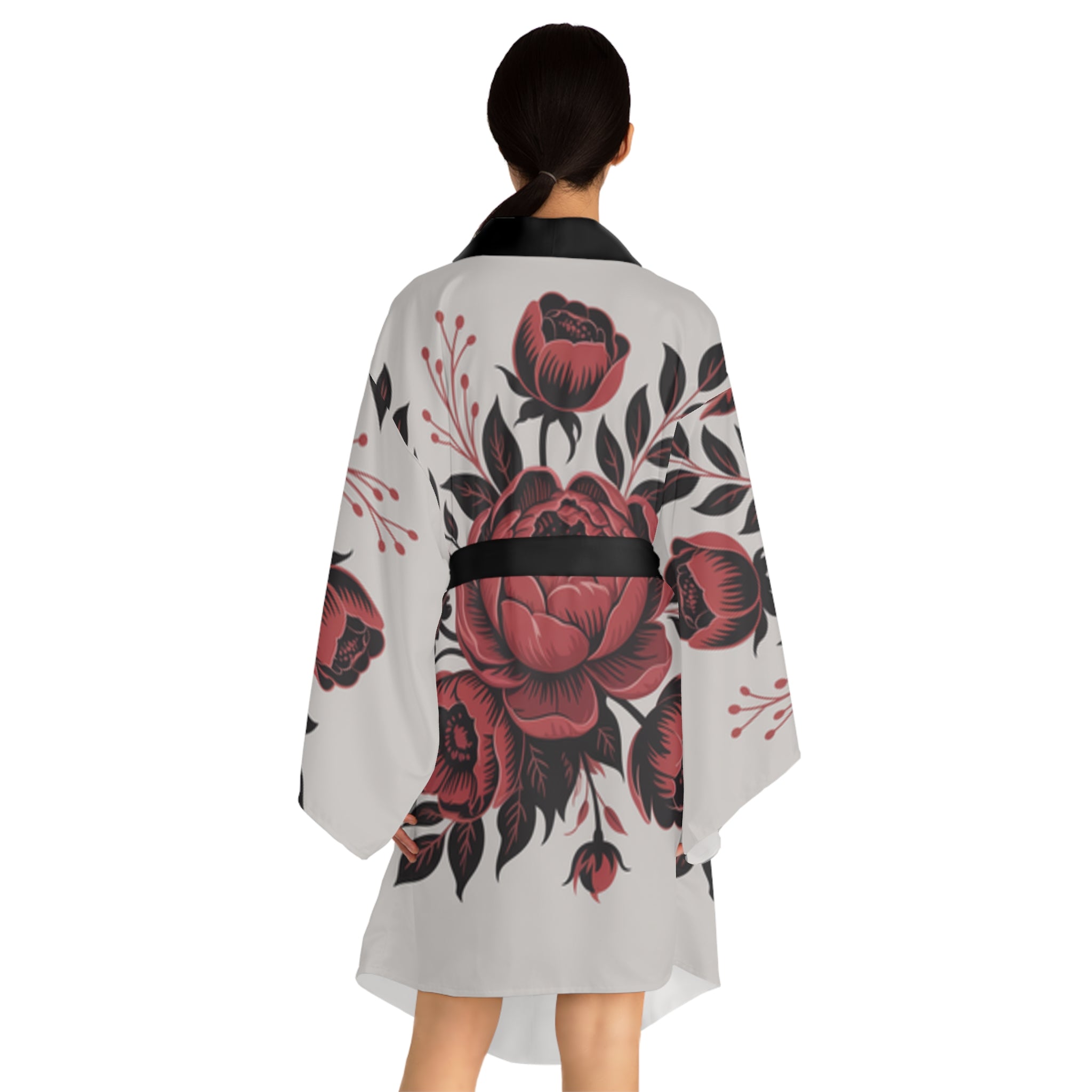 Floral Peony Kimono Robe — Red Rose All-Over Print Long Sleeve