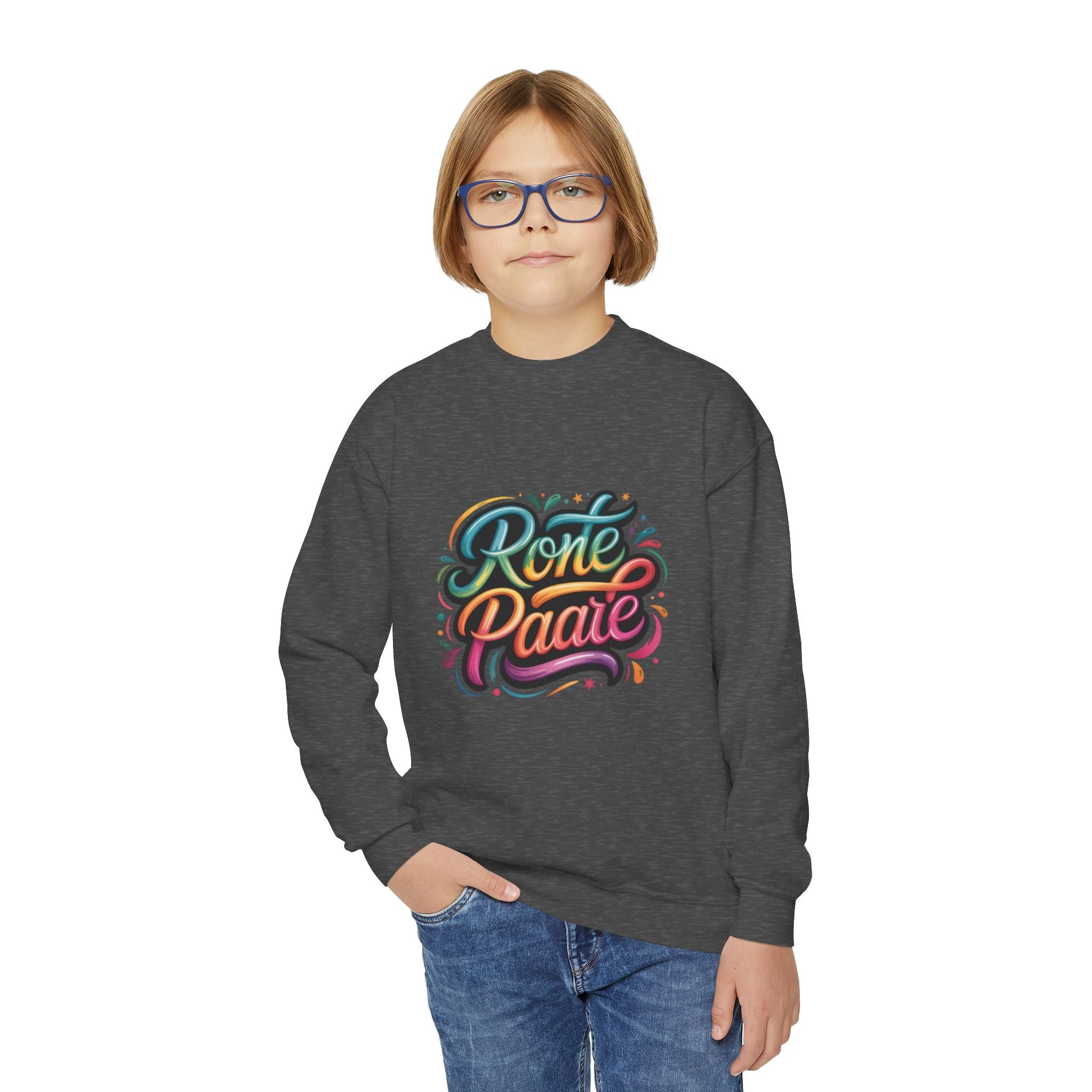 Retro Script Rone Paate Youth Crewneck Sweatshirt | Colorful Handlettering