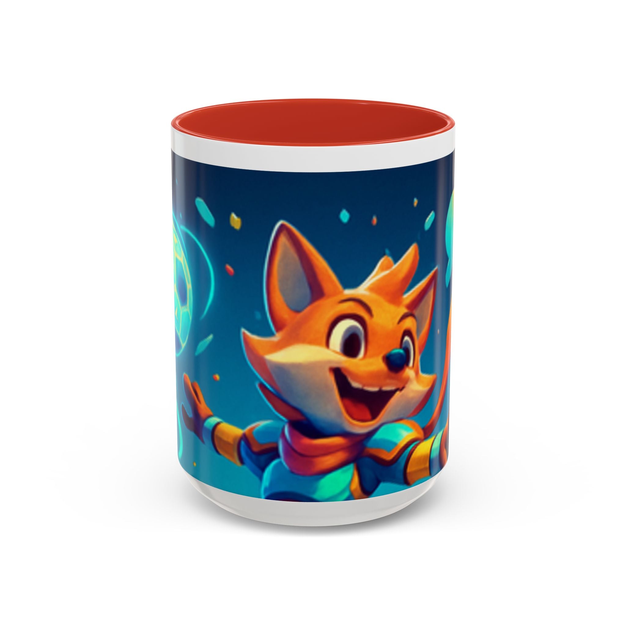 Happy Fox Space Adventure Accent Coffee Mug | Cute Fox Character, Colorful Cosmic Design