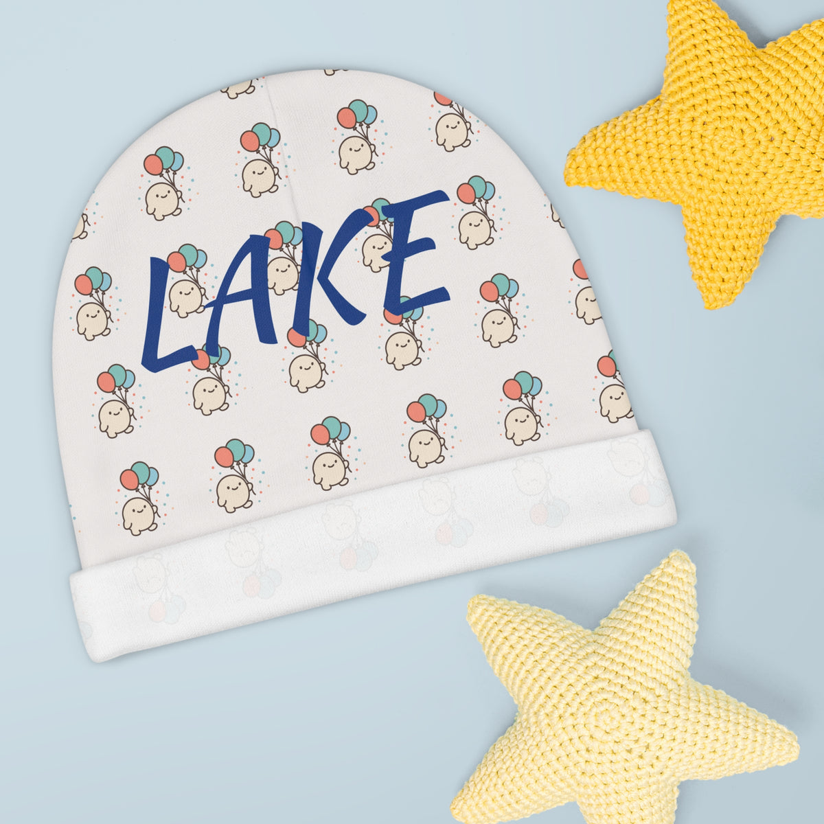 Personalized Balloon Print Baby Beanie, Newborn Photography Prop | Gender Neutral Knit Cap