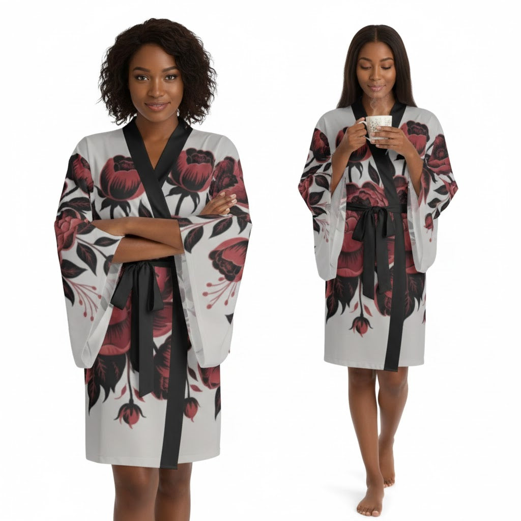 Floral Peony Kimono Robe — Red Rose All-Over Print Long Sleeve