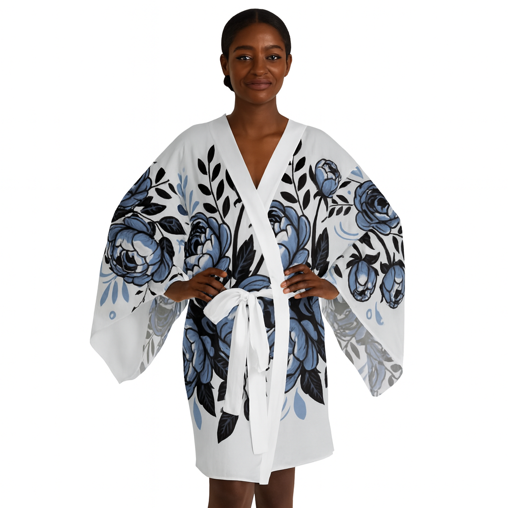 Floral Kimono Robe — Blue Peony All-Over Print