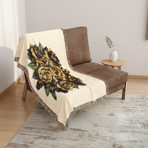 Floral woven cotton throw blanket with fringed edges