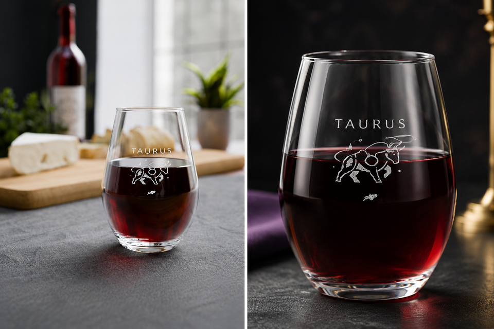 Engraved Taurus Stemless Wine Glass — 11.5 oz Zodiac Gift