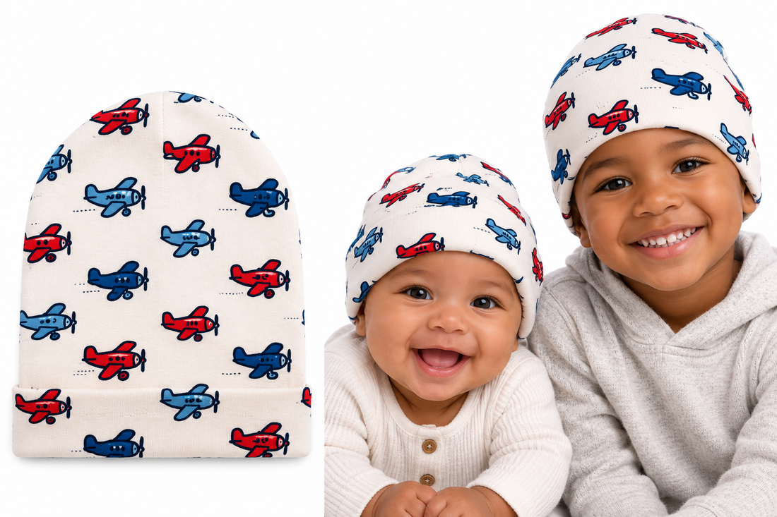 Aviator Playtime Baby Beanie – Red &amp; Blue Airplane Print