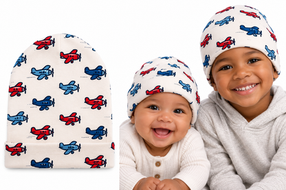 Aviator Playtime Baby Beanie – Red &amp; Blue Airplane Print