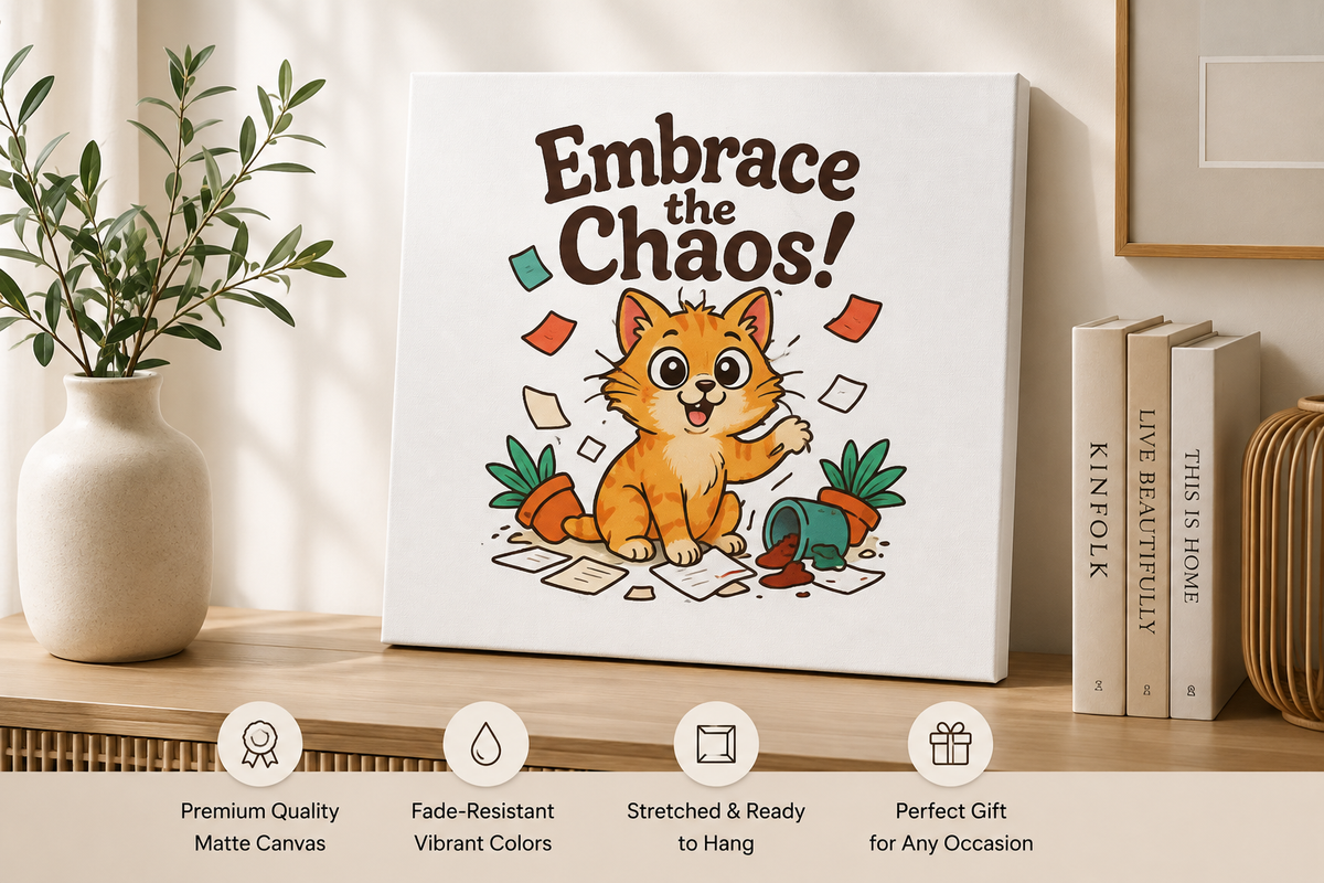 Embrace the Chaos! Cat Canvas Wall Art — Playful Orange Kitten Illustration