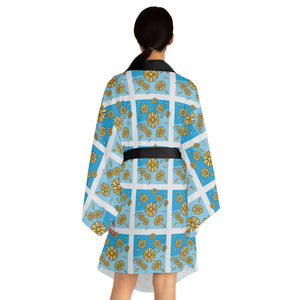Floral Kimono Robe — Vintage Daisy Patchwork Long Sleeve displayed from the back, featuring a cheerful blue and yellow design.