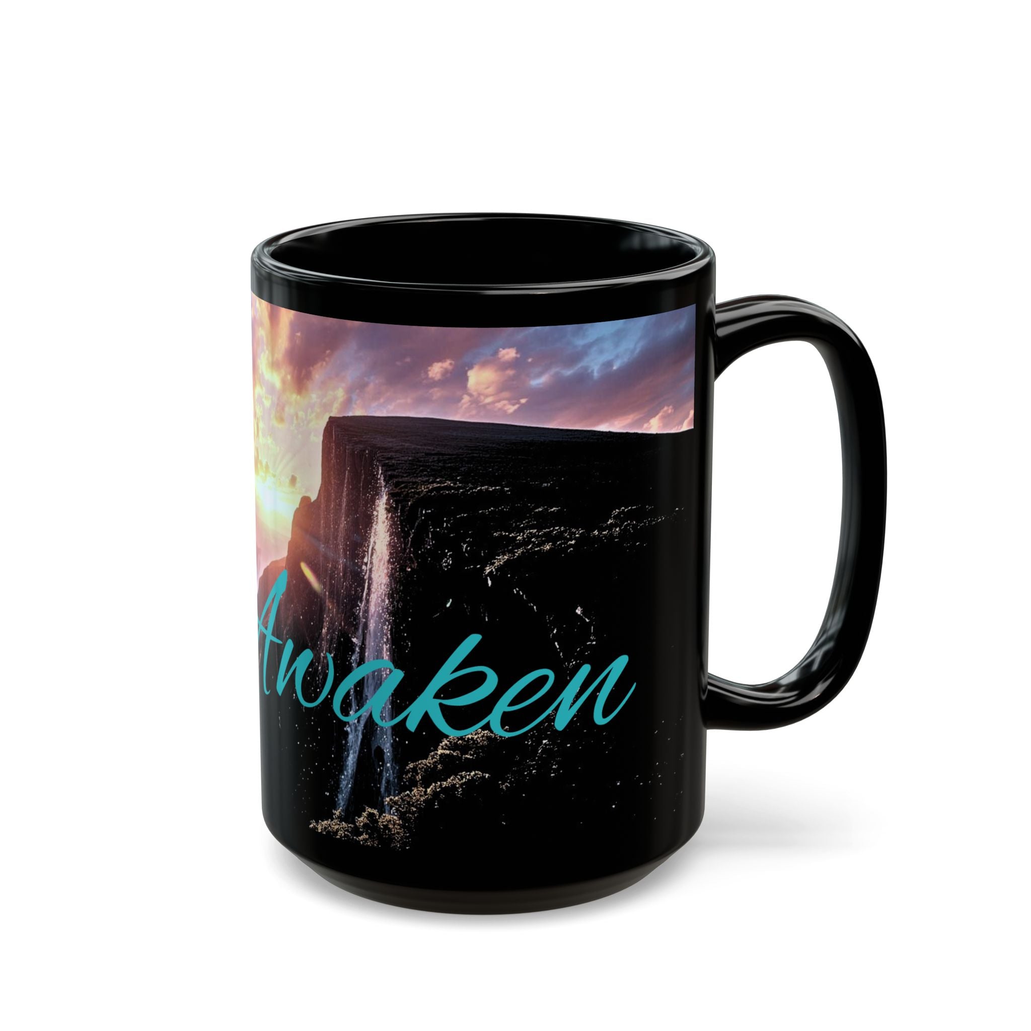 Awaken Mountain Sunrise Mug — Inspirational Black Coffee Cup (11oz, 15oz)