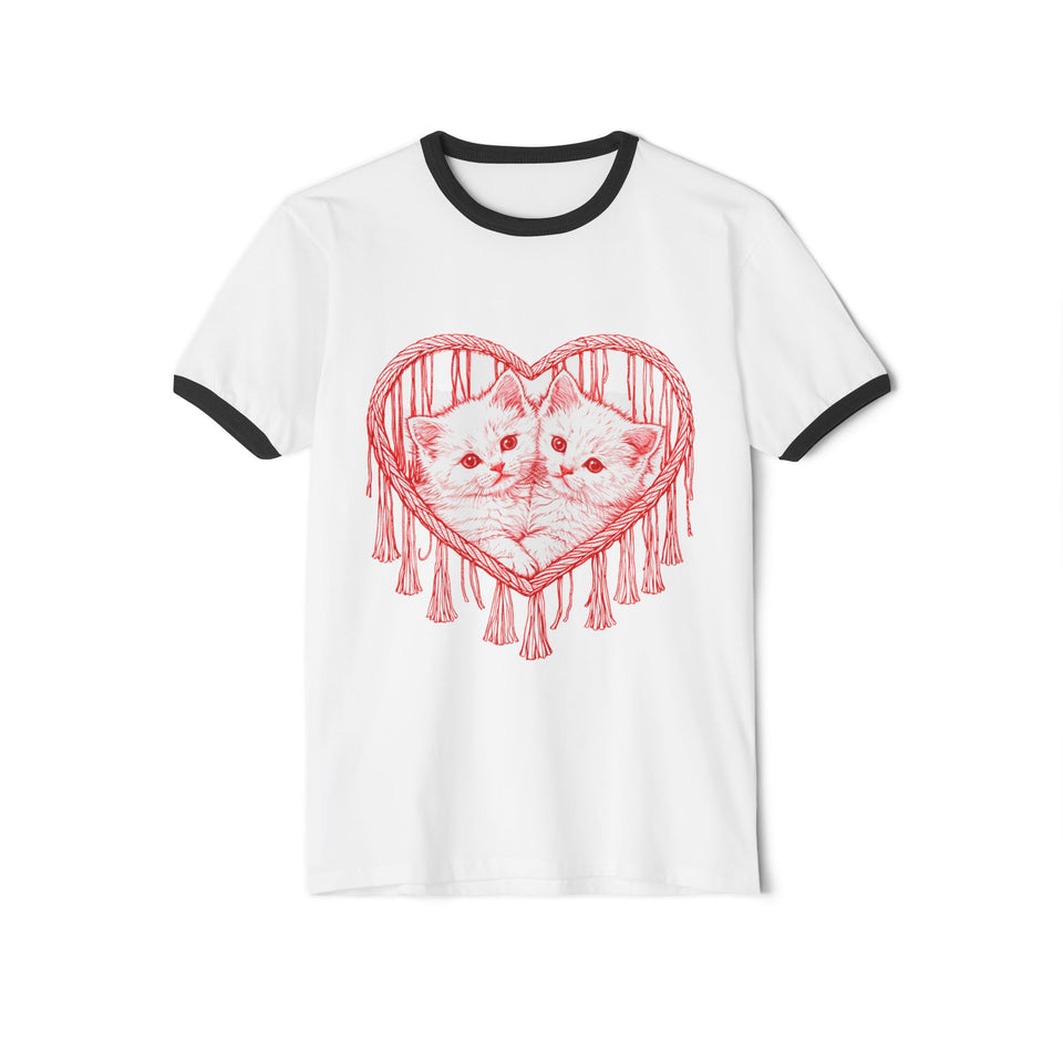 Cat Heart Ringer Tee — “My 1st Love” Retro Kitty Valentine T‑Shirt