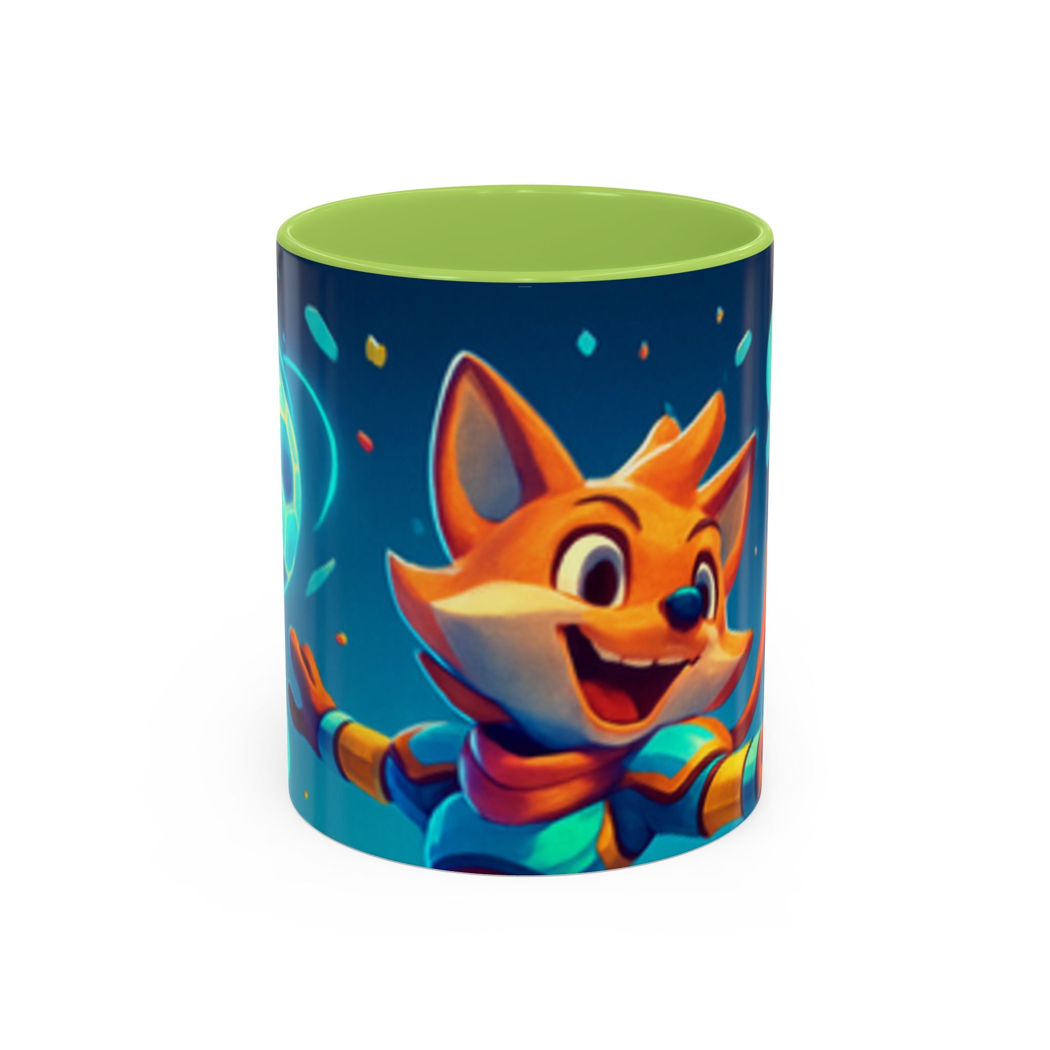 Happy Fox Space Adventure Accent Coffee Mug | Cute Fox Character, Colorful Cosmic Design