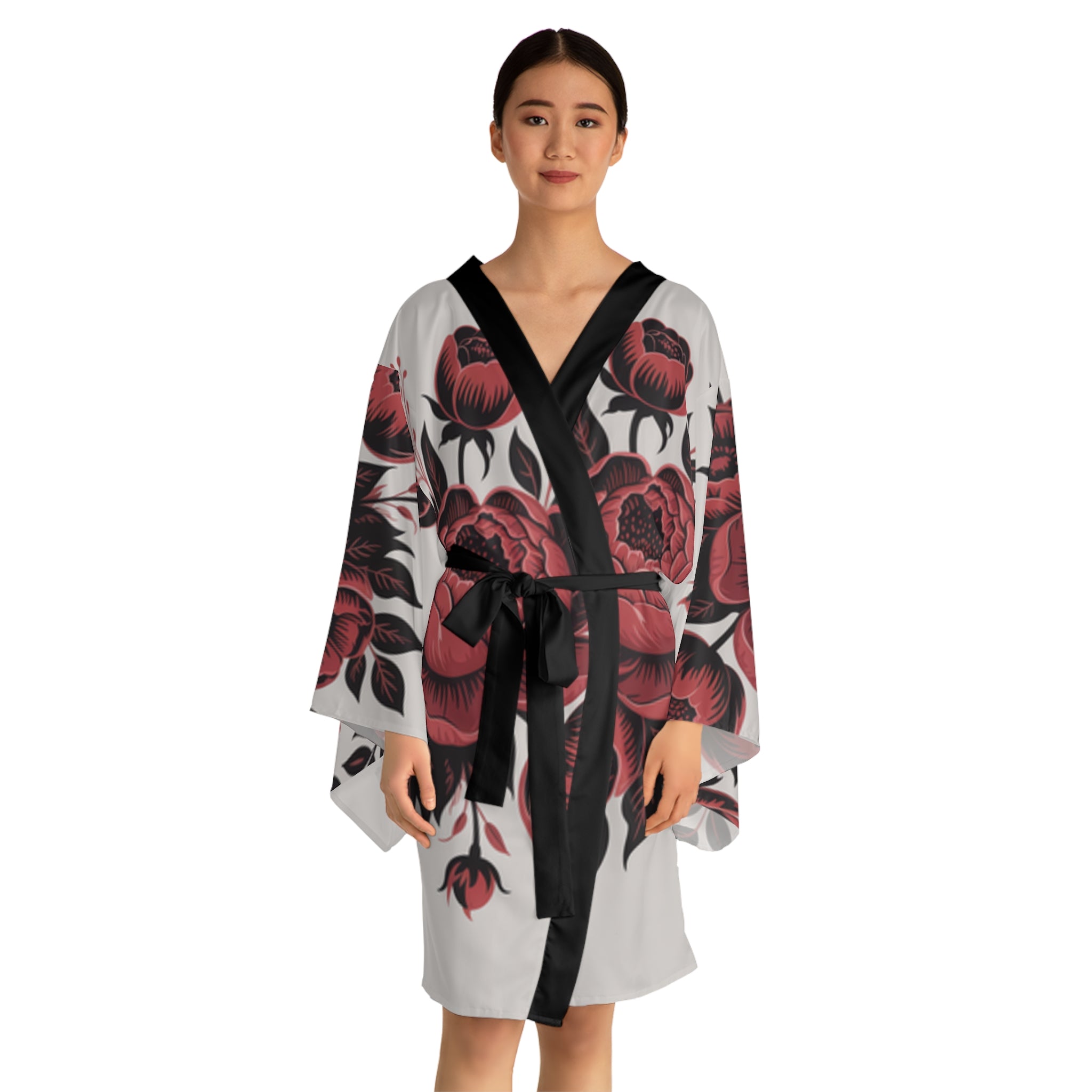 Floral Peony Kimono Robe — Red Rose All-Over Print Long Sleeve