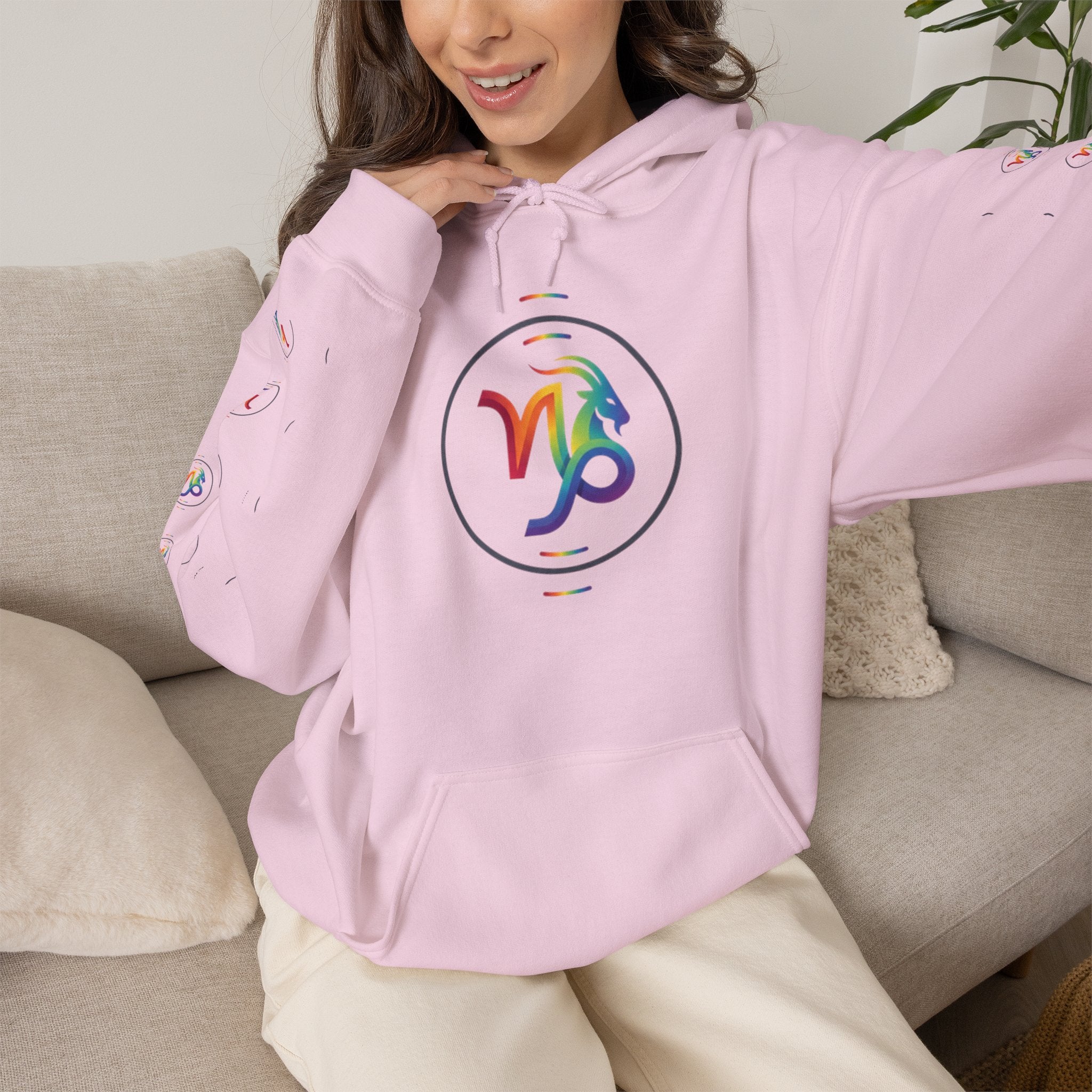 Capricorn Rainbow Zodiac Hoodie — Colorful Astrology Sweatshirt with Capricorn Symbol