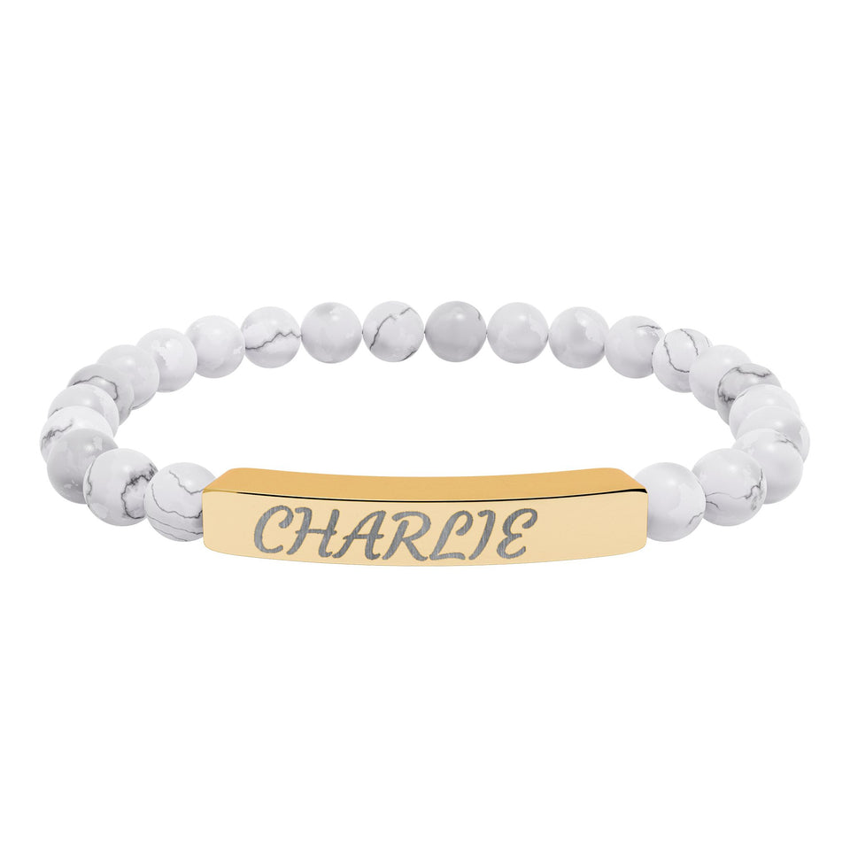 Engraved Natural Stone Stretch Bracelet — Personalized Name Bar