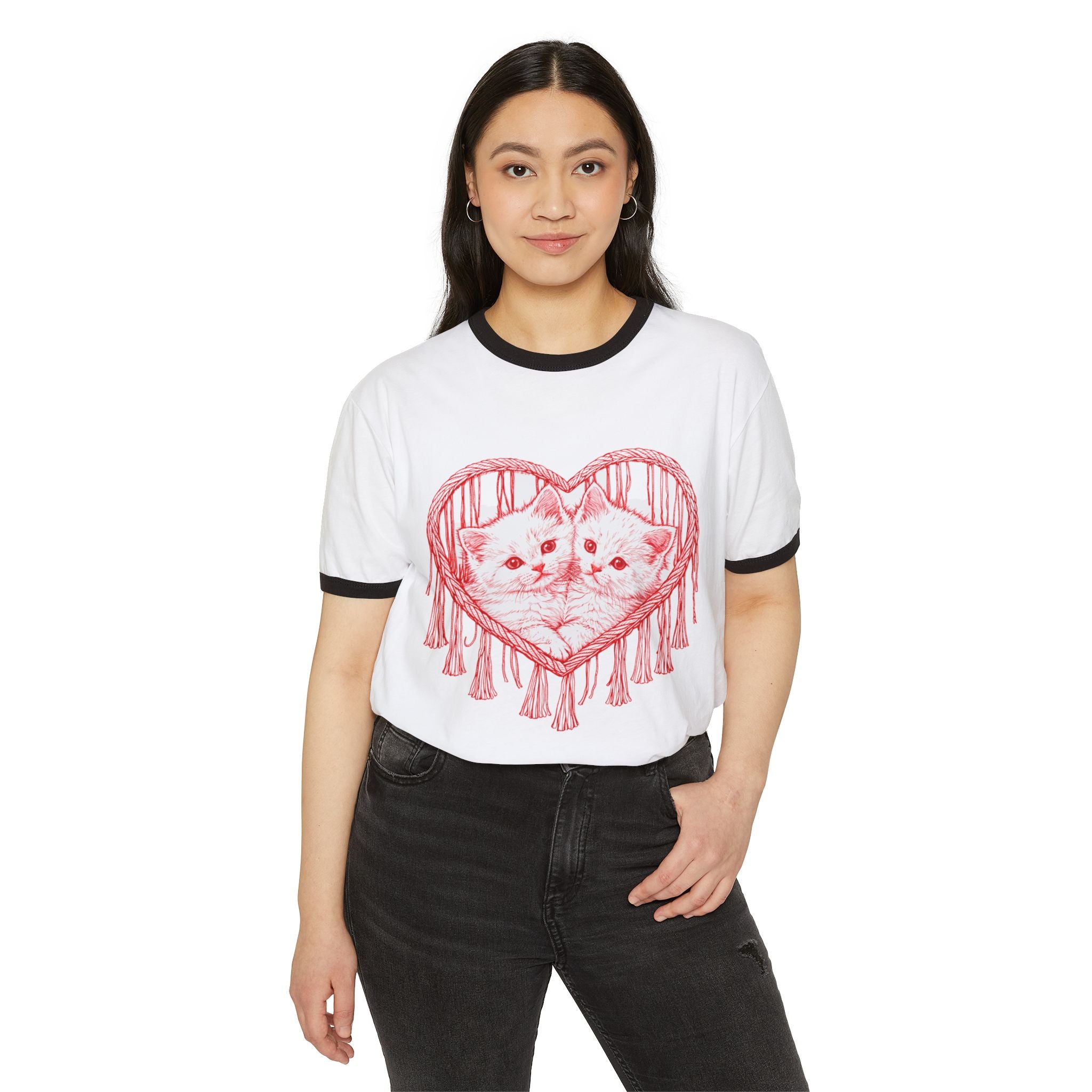 Cat Heart Ringer Tee — “My 1st Love” Retro Kitty Valentine T‑Shirt