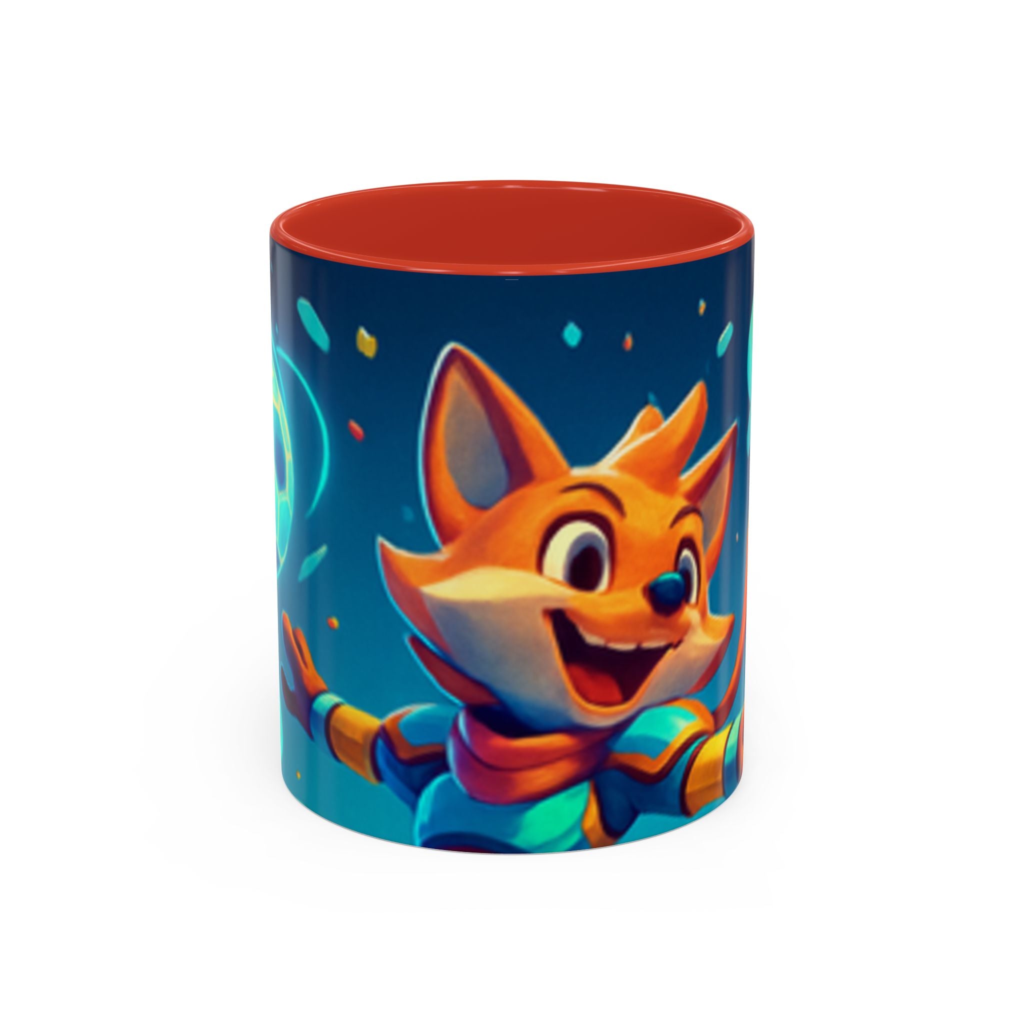 Happy Fox Space Adventure Accent Coffee Mug | Cute Fox Character, Colorful Cosmic Design