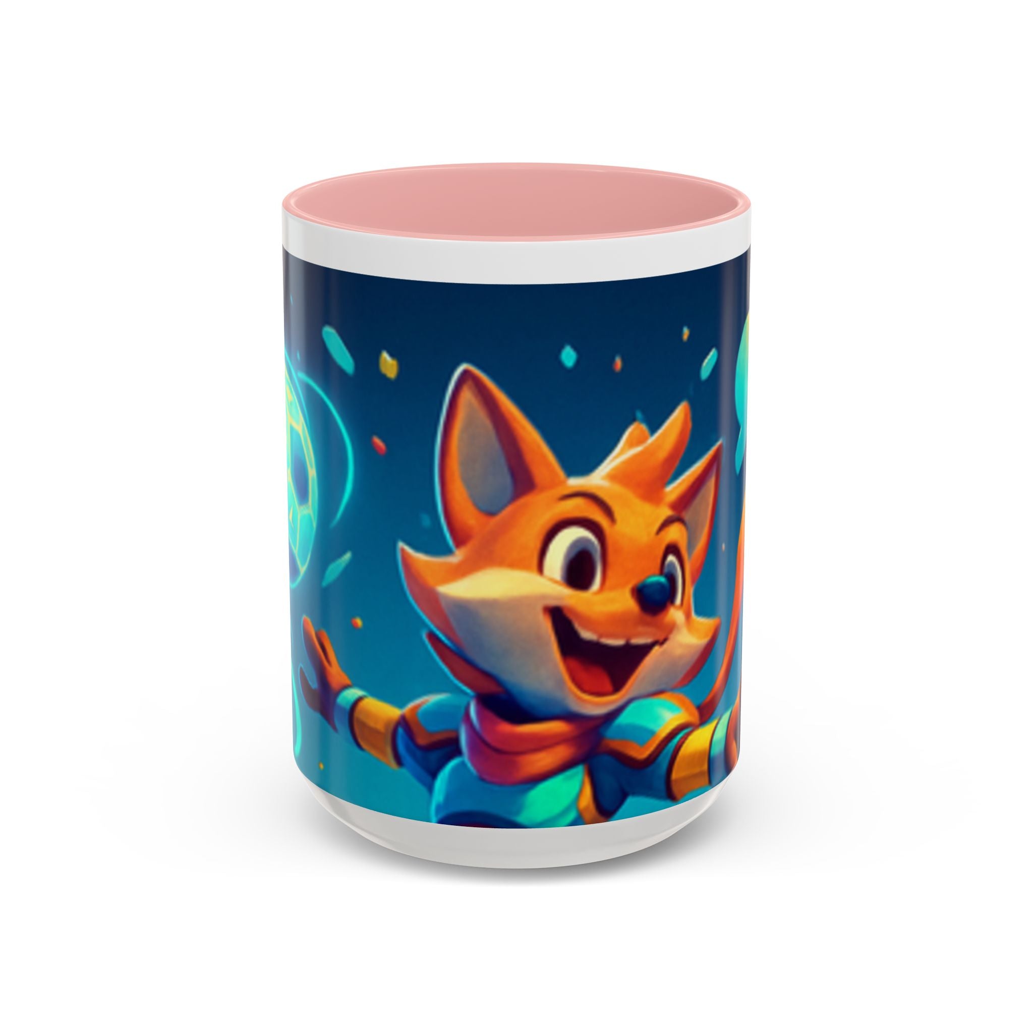 Happy Fox Space Adventure Accent Coffee Mug | Cute Fox Character, Colorful Cosmic Design
