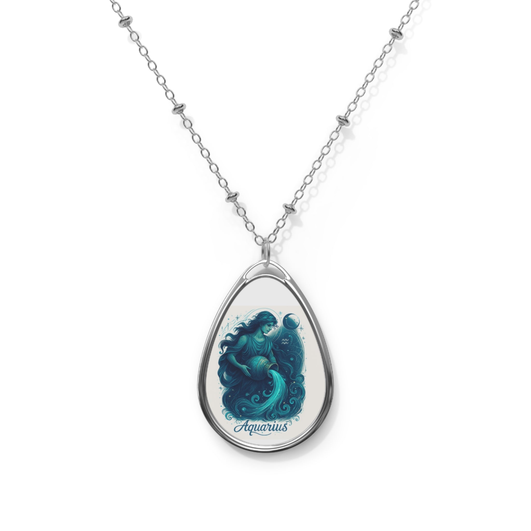 Aquarius Zodiac Teardrop Oval Necklace | Birth Month Jewelry