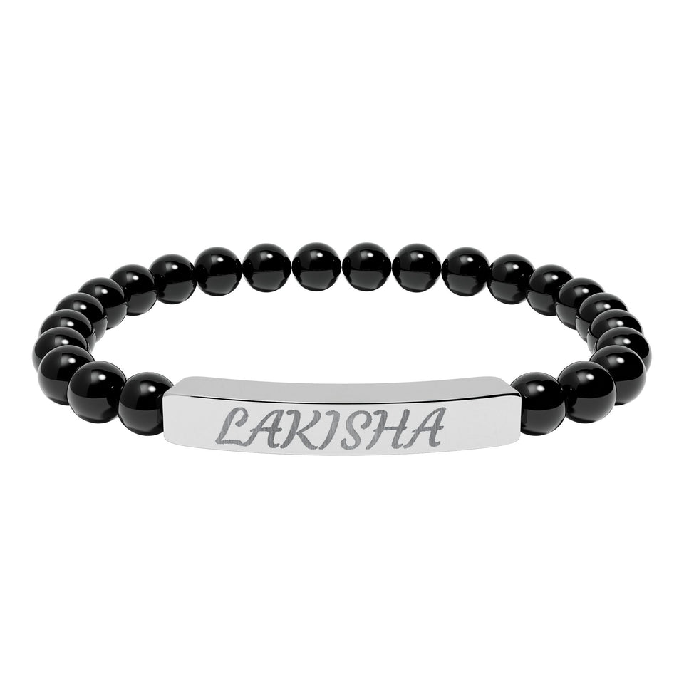 Engraved Natural Stone Stretch Bracelet — Personalized Name Bar