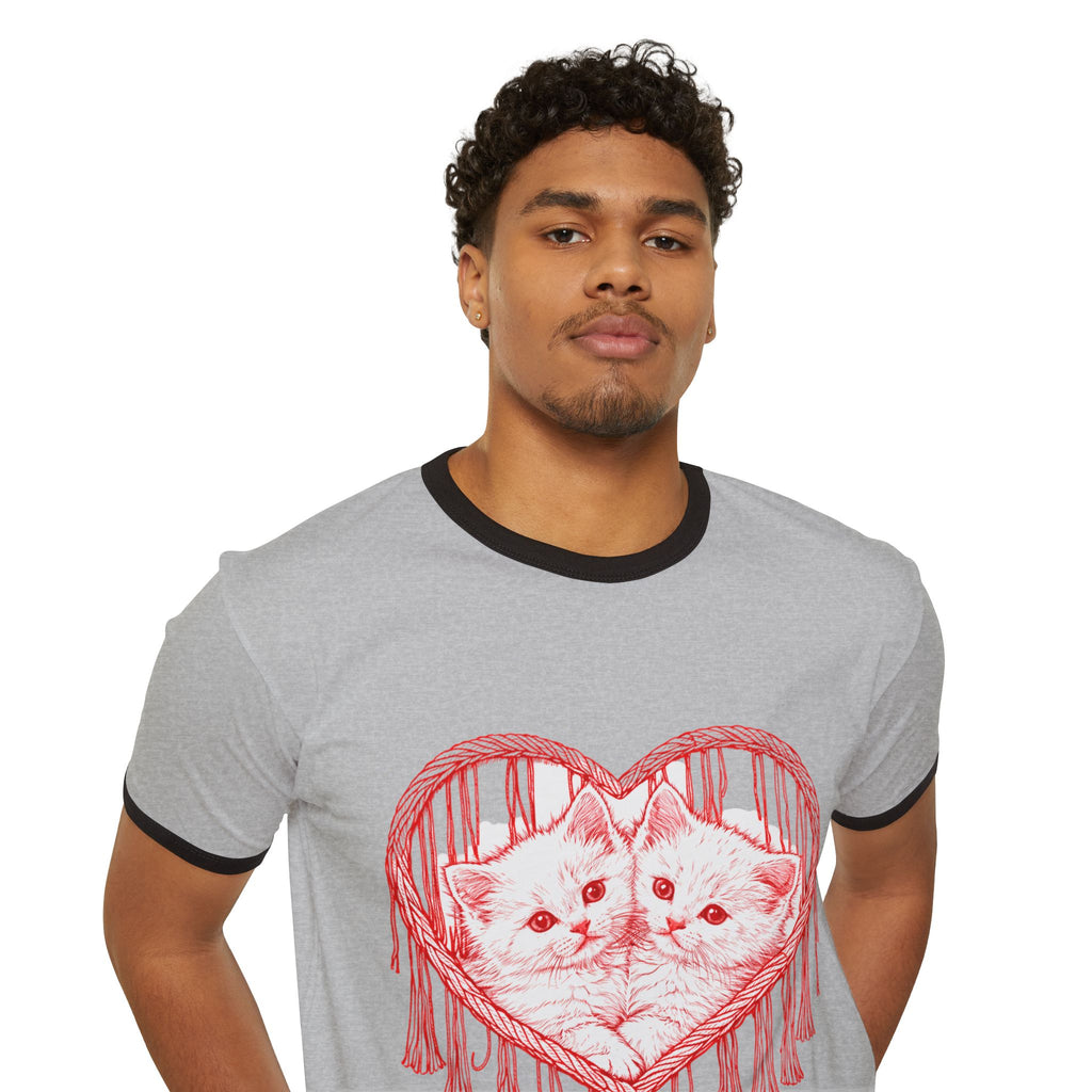 Cat Heart Ringer Tee — “My 1st Love” Retro Kitty Valentine T‑Shirt