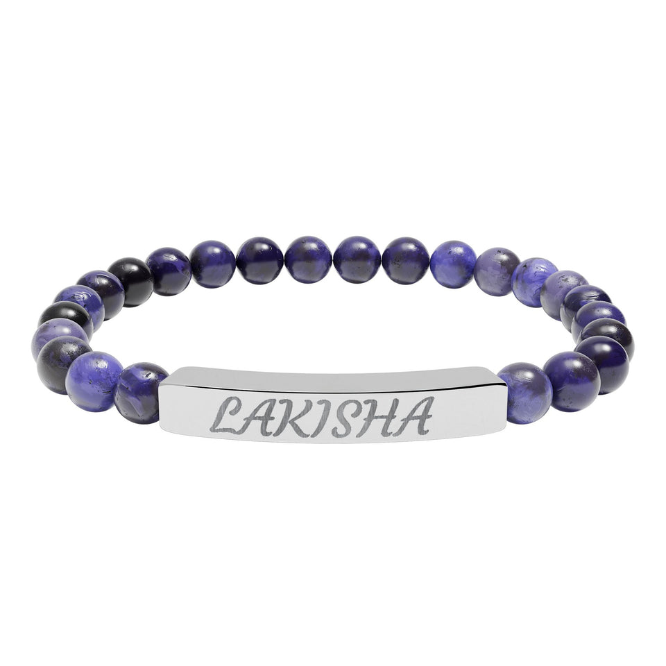 Engraved Natural Stone Stretch Bracelet — Personalized Name Bar
