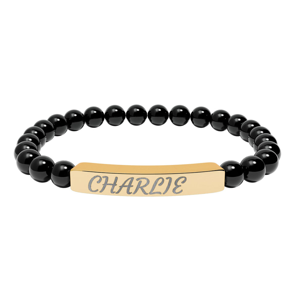 Engraved Natural Stone Stretch Bracelet — Personalized Name Bar