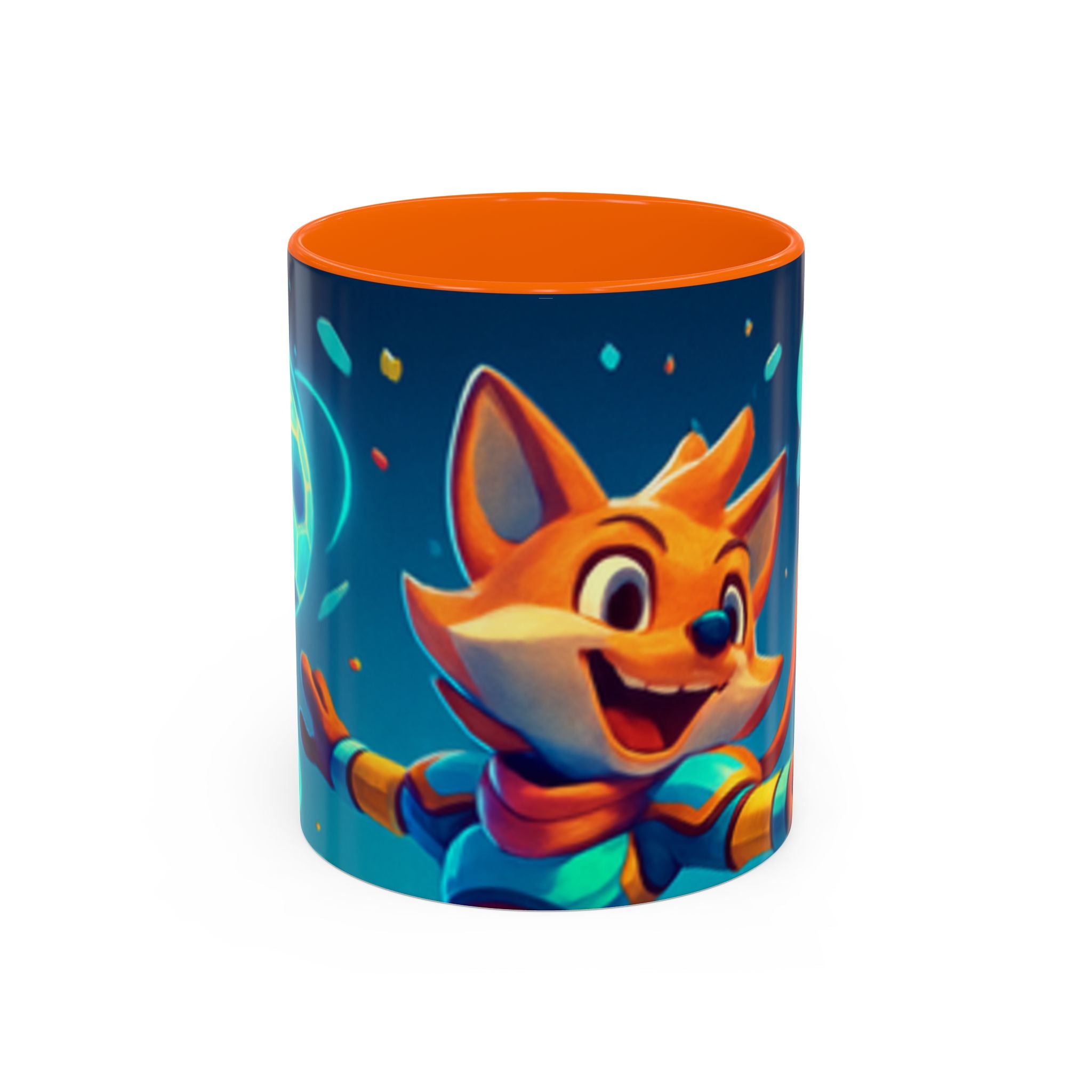 Happy Fox Space Adventure Accent Coffee Mug | Cute Fox Character, Colorful Cosmic Design