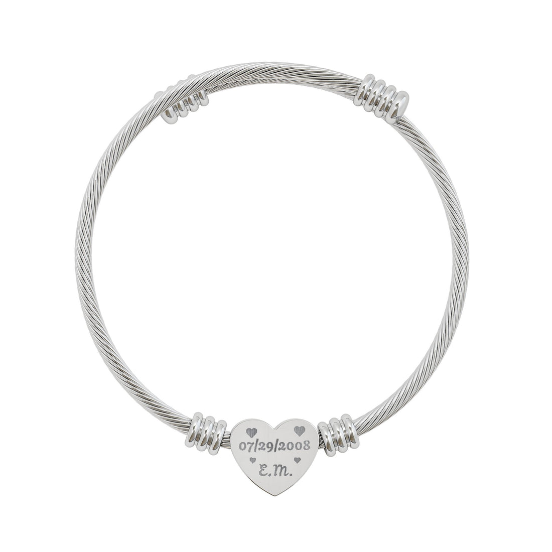 Engravable Heart Cuff Bracelet — Personalized Name/Date Stainless Steel Bangle (Silver or Gold)