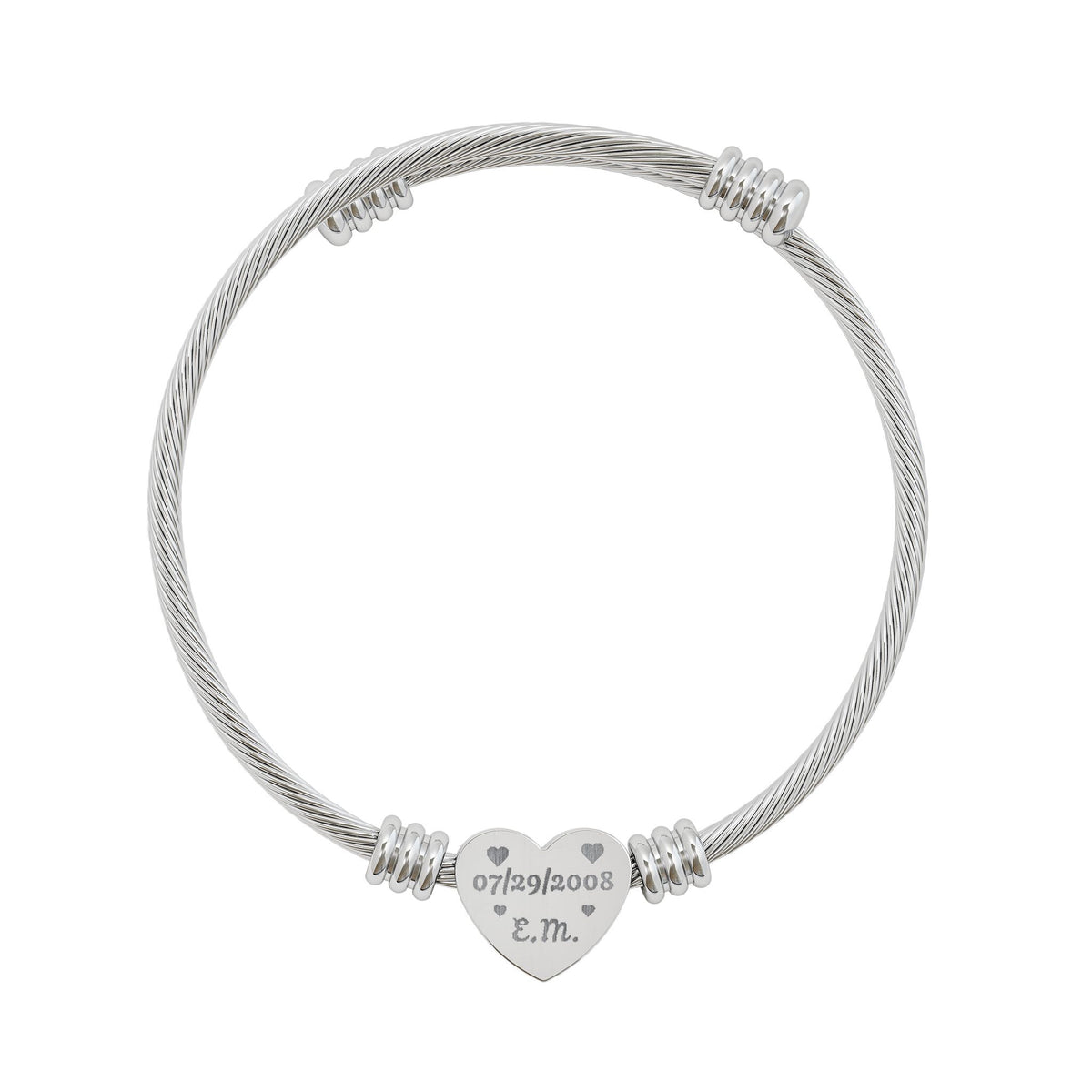Engravable Heart Cuff Bracelet — Personalized Name/Date Stainless Steel Bangle (Silver or Gold)