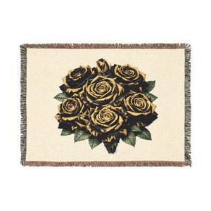 Floral woven cotton throw blanket featuring a black rose design, colorful fringed edges, and soft woven texture.