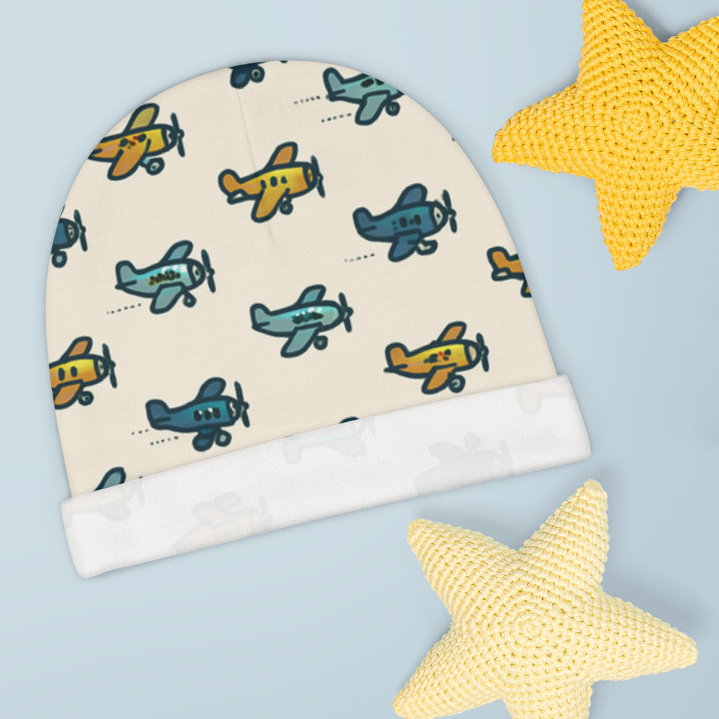 Airplane Print Baby Beanie, Infant Hat, Newborn Cap, Gender Neutral Baby Shower Gift, Aviator Nursery Decor
